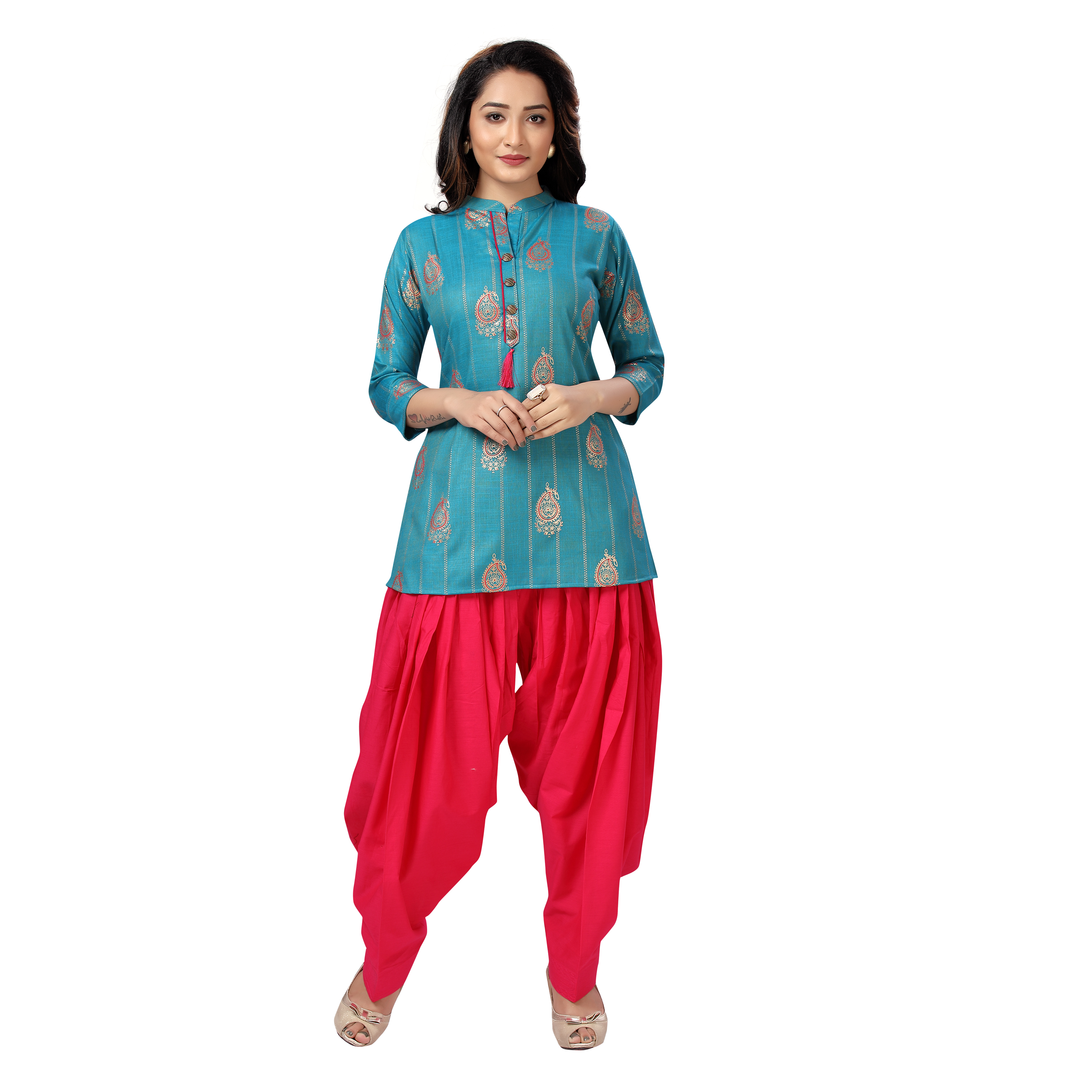 Sonali Women Short Gold Print Turqoiuse Blue Soft Cool Kurtis  Jippa Top  / Indian Ladies Top / Kurtis Wanita Warna Turqoiuse Blue / Plus Sizes Kurtis  Q1645