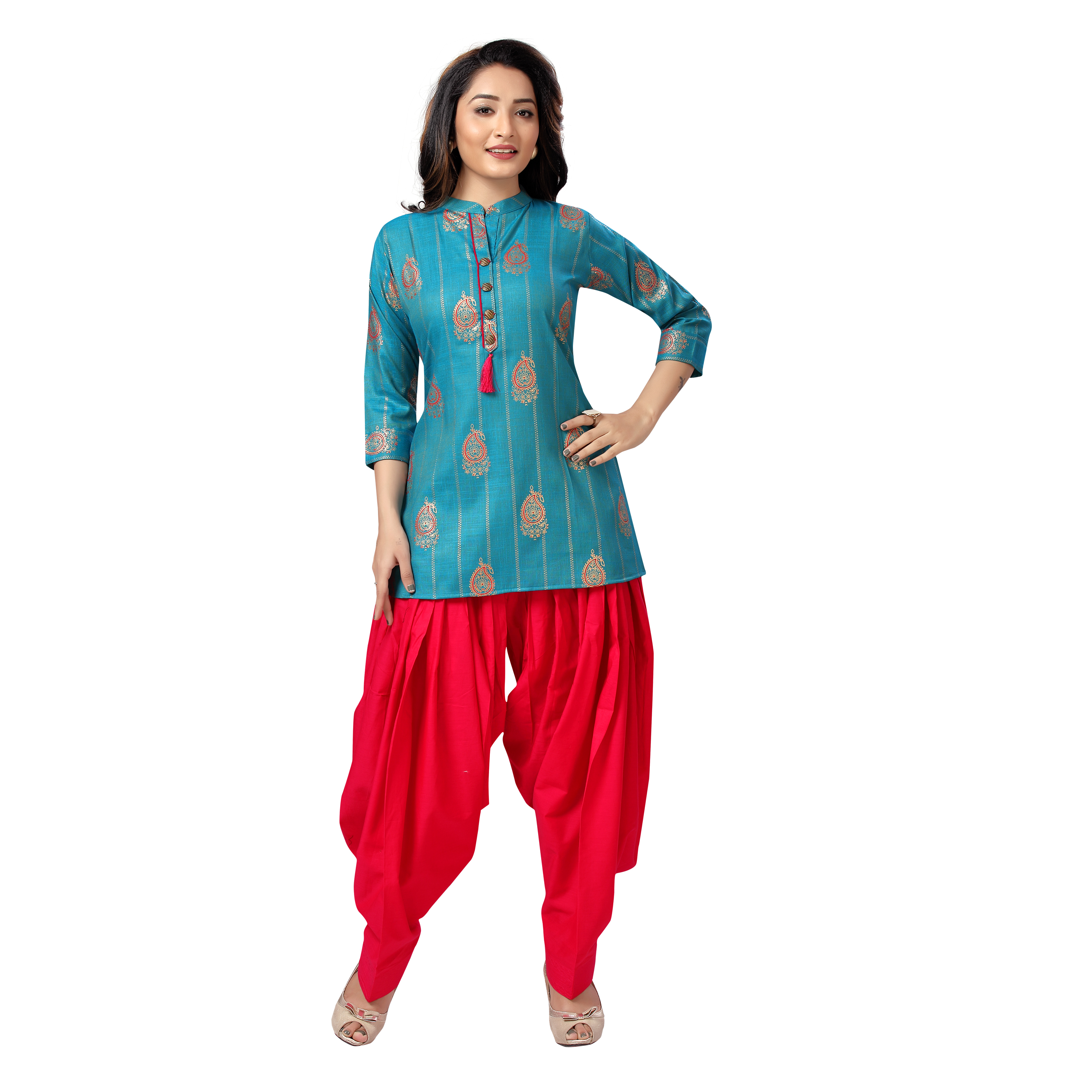 Sonali Women Short Gold Print Turqoiuse Blue Soft Cool Kurtis  Jippa Top  / Indian Ladies Top / Kurtis Wanita Warna Turqoiuse Blue / Plus Sizes Kurtis  Q1645