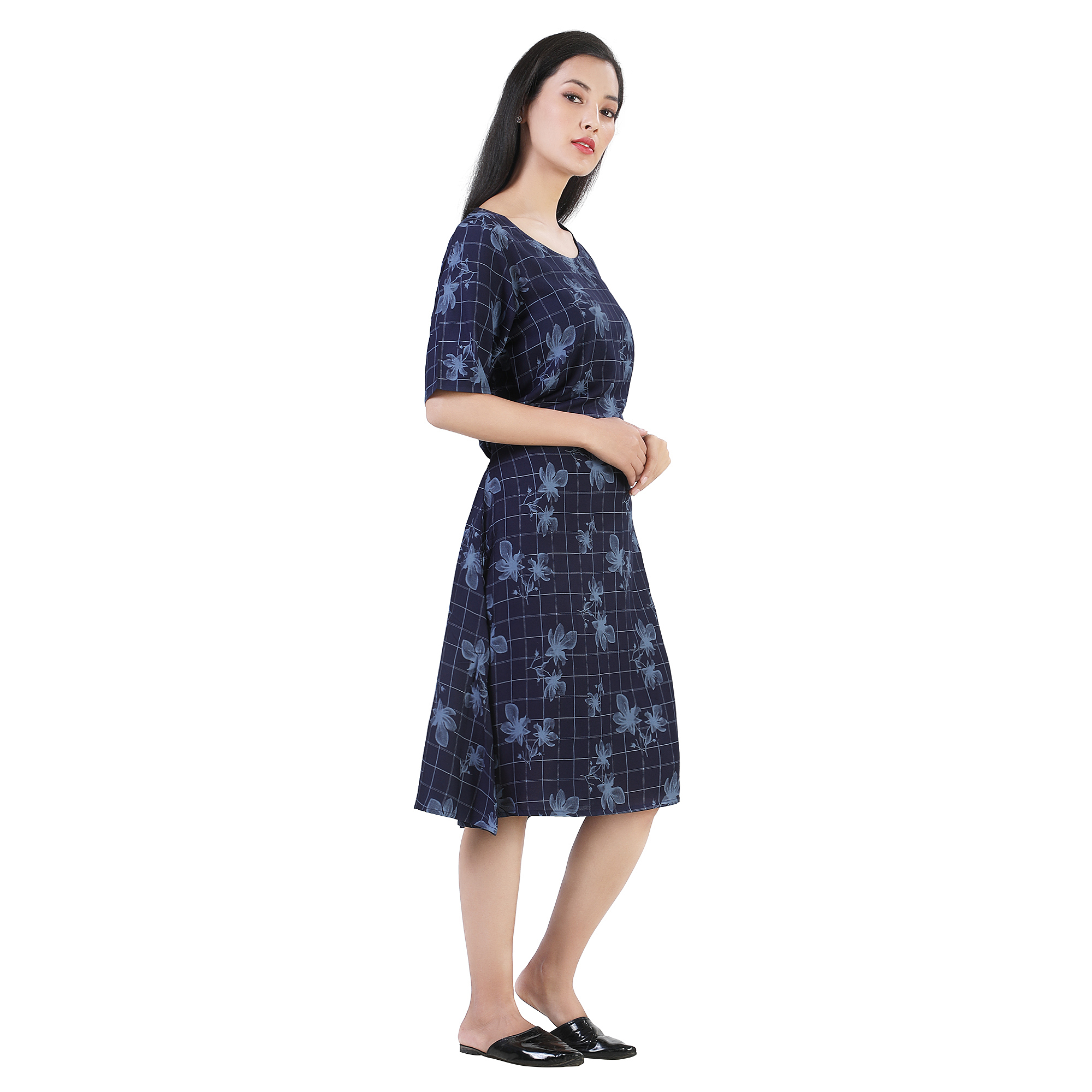 Sonali Women Dark Blue Midi Dress With Pocket Crepe Plus Size Long Floral Design / Baju Wanita warna biru pekat panjang Floral Q1621