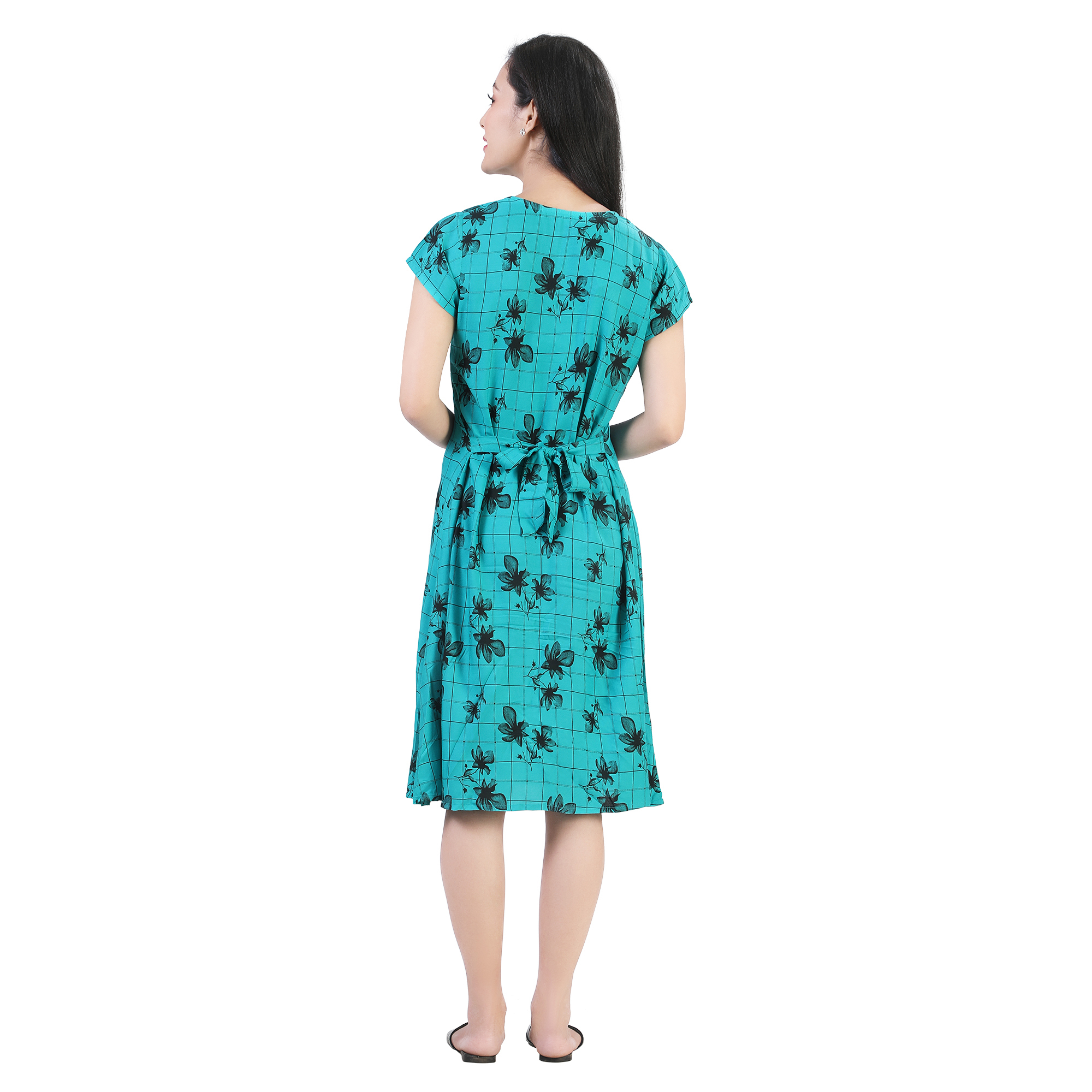 Sonali Women Sky Blue Midi Dress With Pocket Crepe Plus Size Long Floral Design / Baju Wanita warna biru pekat panjang Floral Q1620