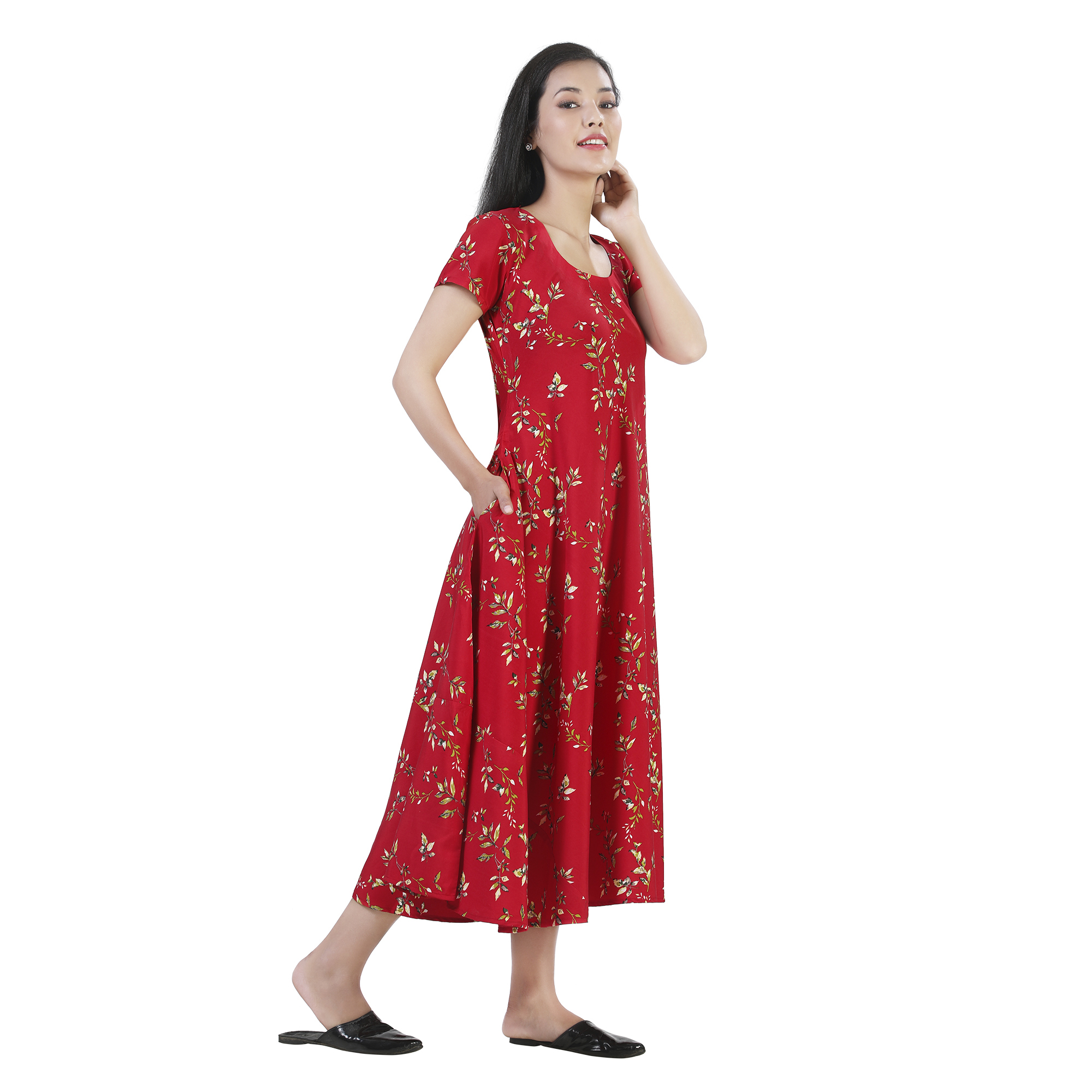 Sonali Women Red Midi Dress With Pocket Crepe Plus Size Long Floral Design / Baju Wanita warna merah panjang Floral Q1623