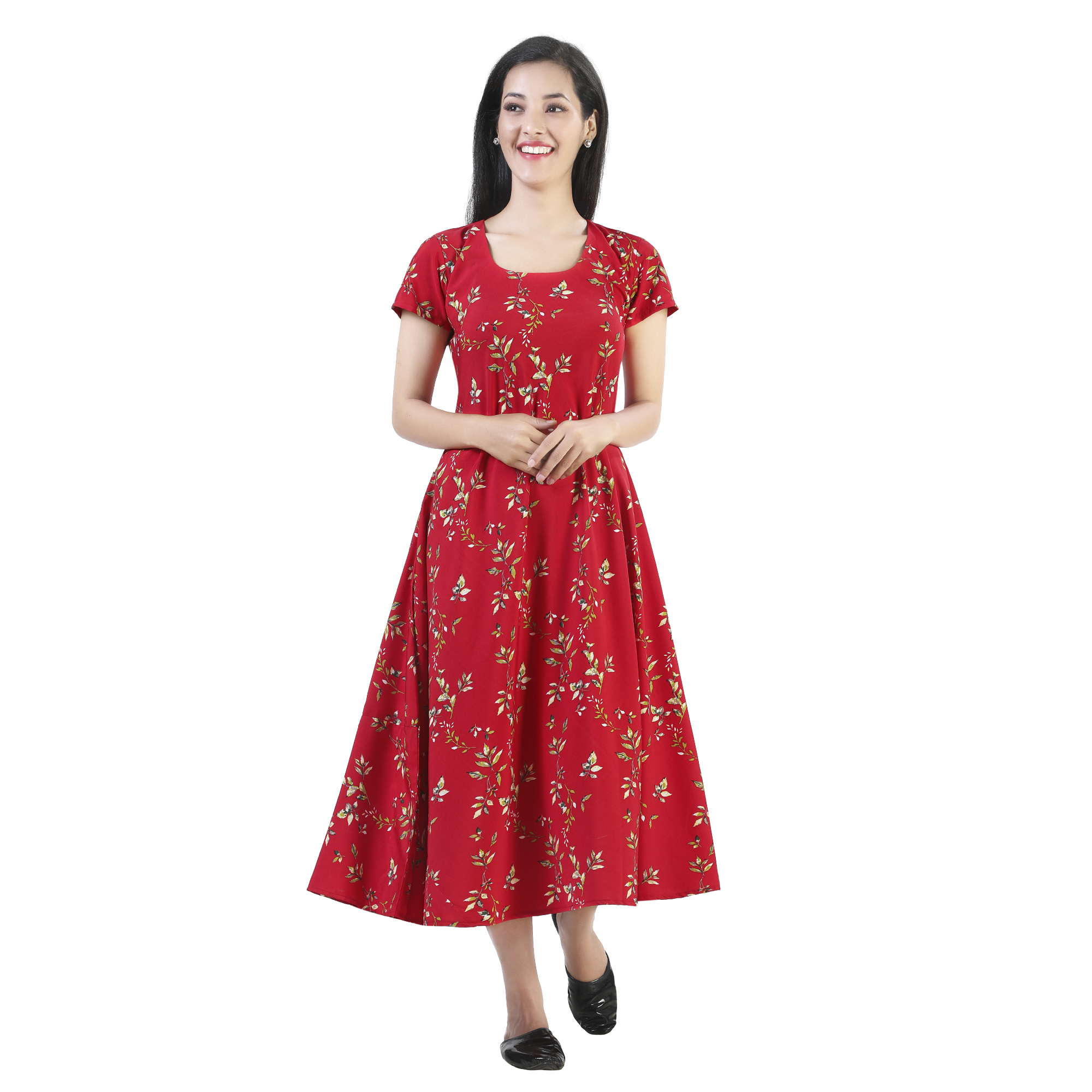 Sonali Women Red Midi Dress With Pocket Crepe Plus Size Long Floral Design / Baju Wanita warna merah panjang Floral Q1623