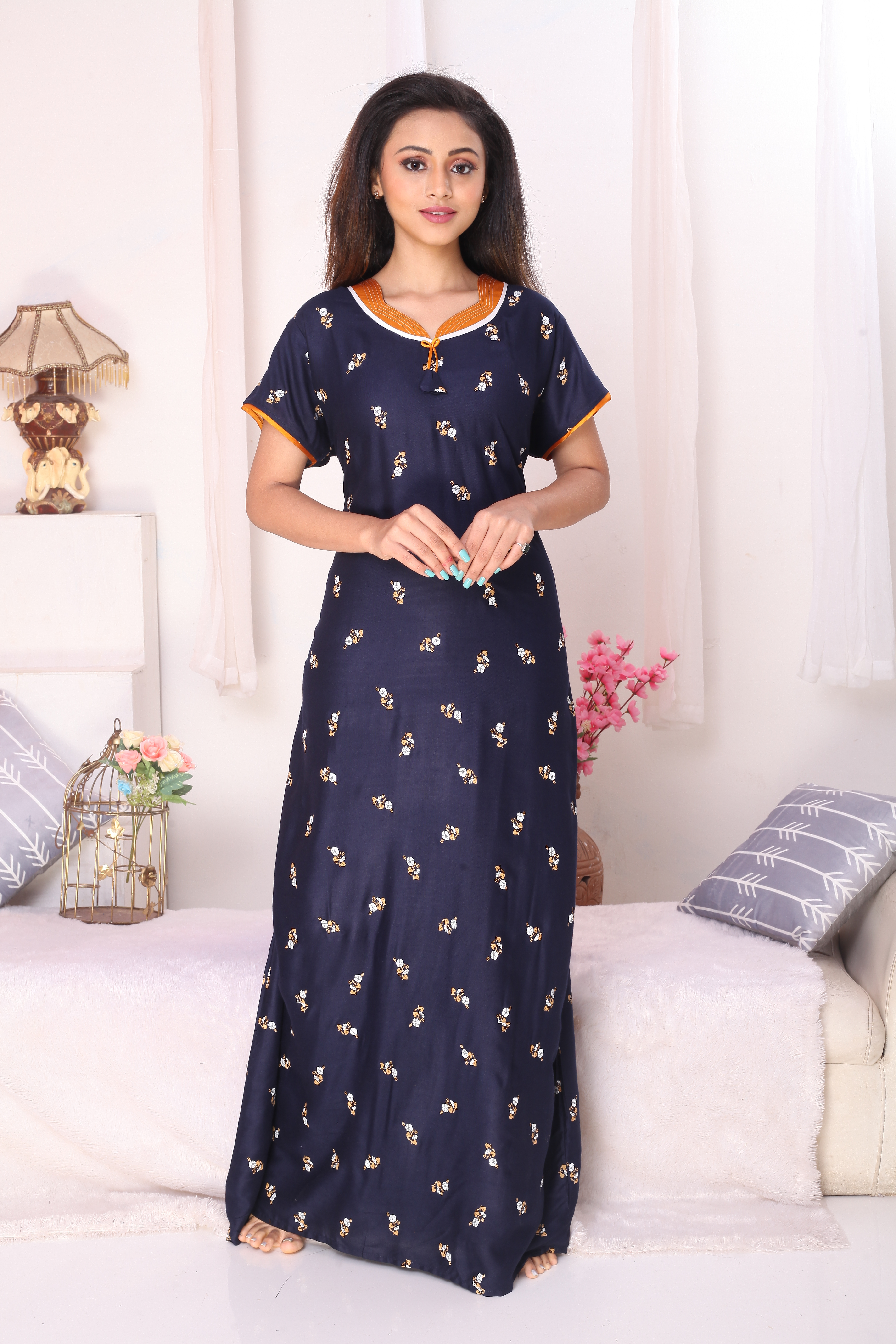 Sonali Ladies Navy Blue  Cotton Comfy Night Wear Nighty / House Coats / Plus Size House Coats Q1628