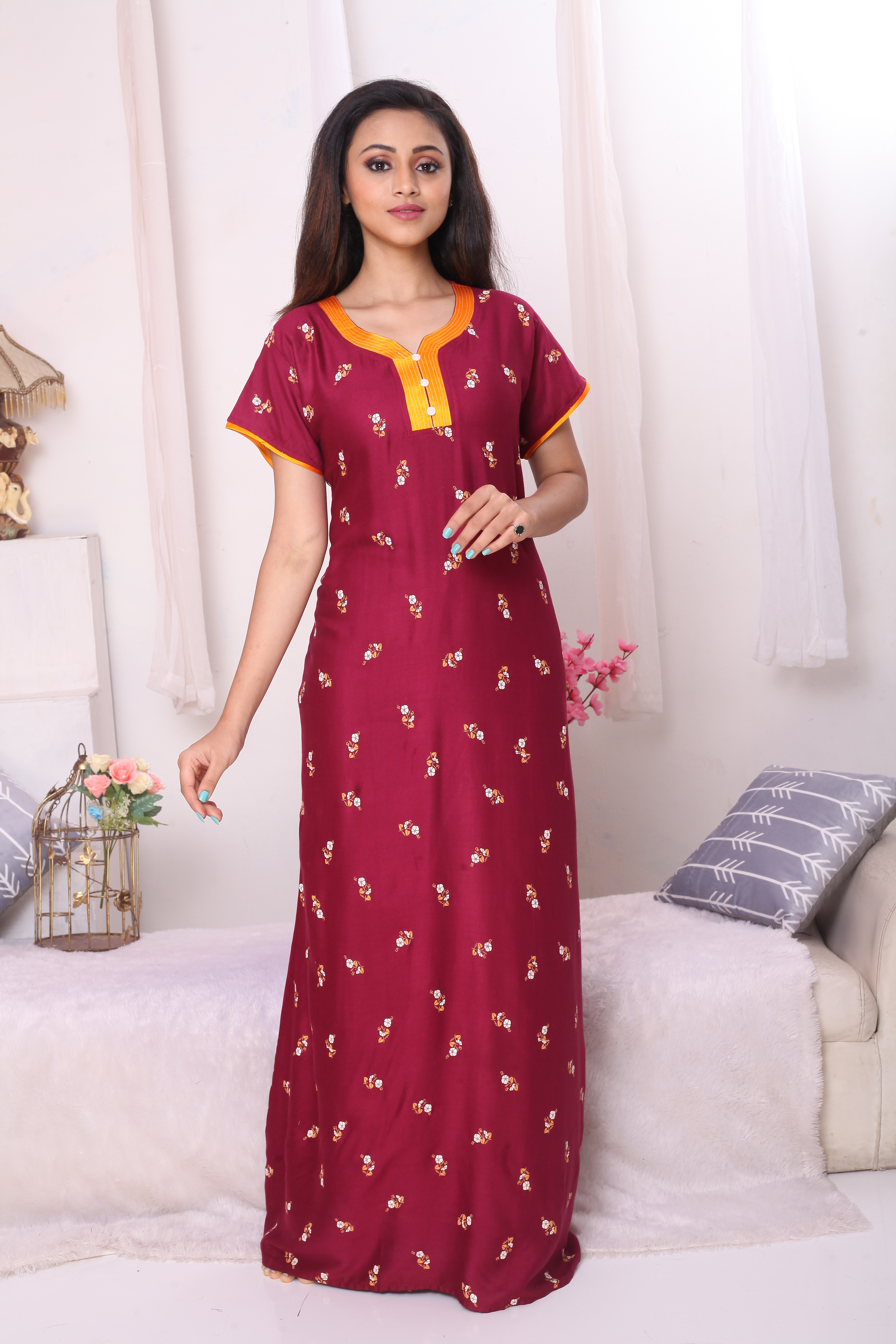 Sonali Ladies Maroon Cotton Comfy Night Wear Nighty / House Coats / Plus Size House Coats Q1630