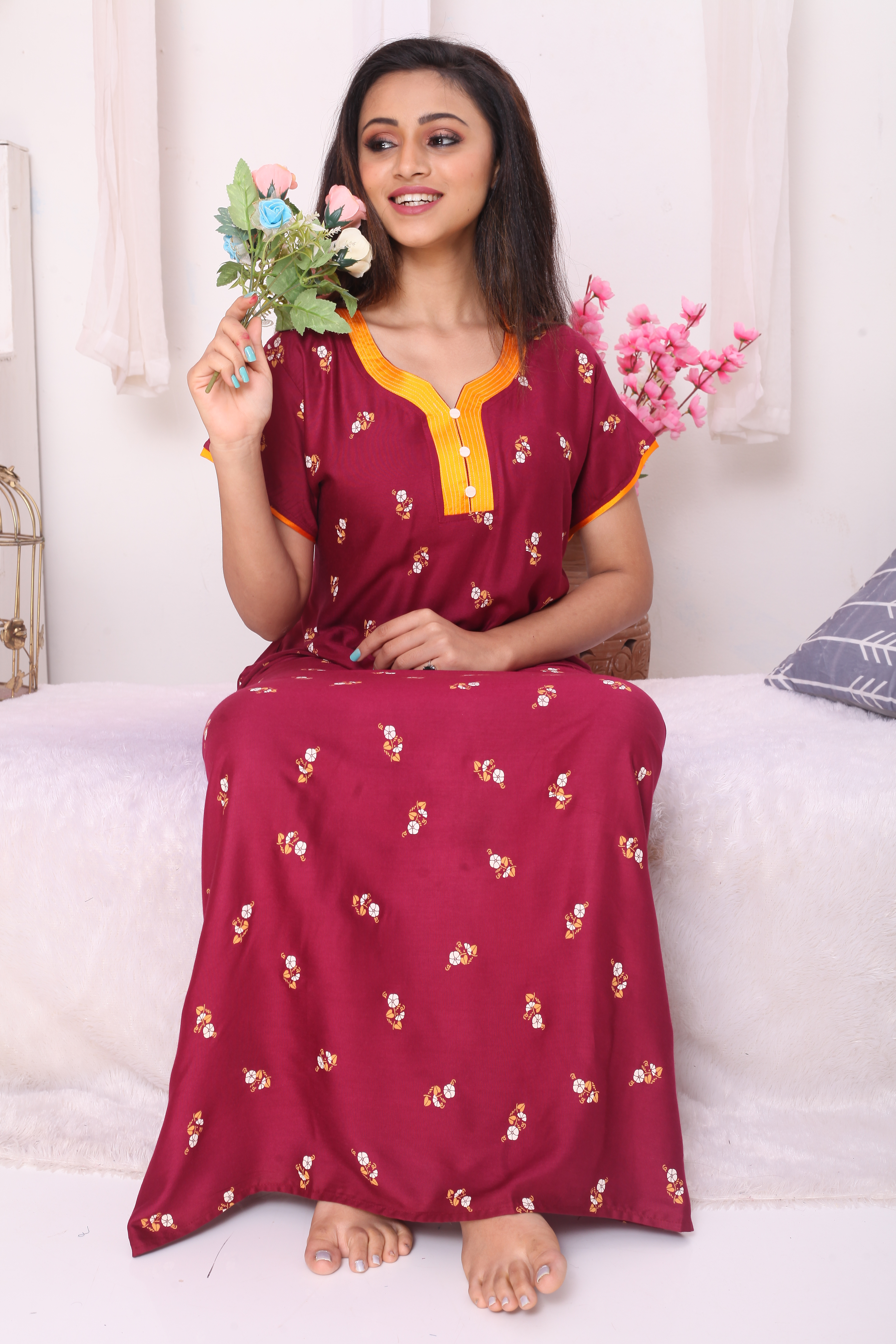 Sonali Ladies Maroon Cotton Comfy Night Wear Nighty / House Coats / Plus Size House Coats Q1630