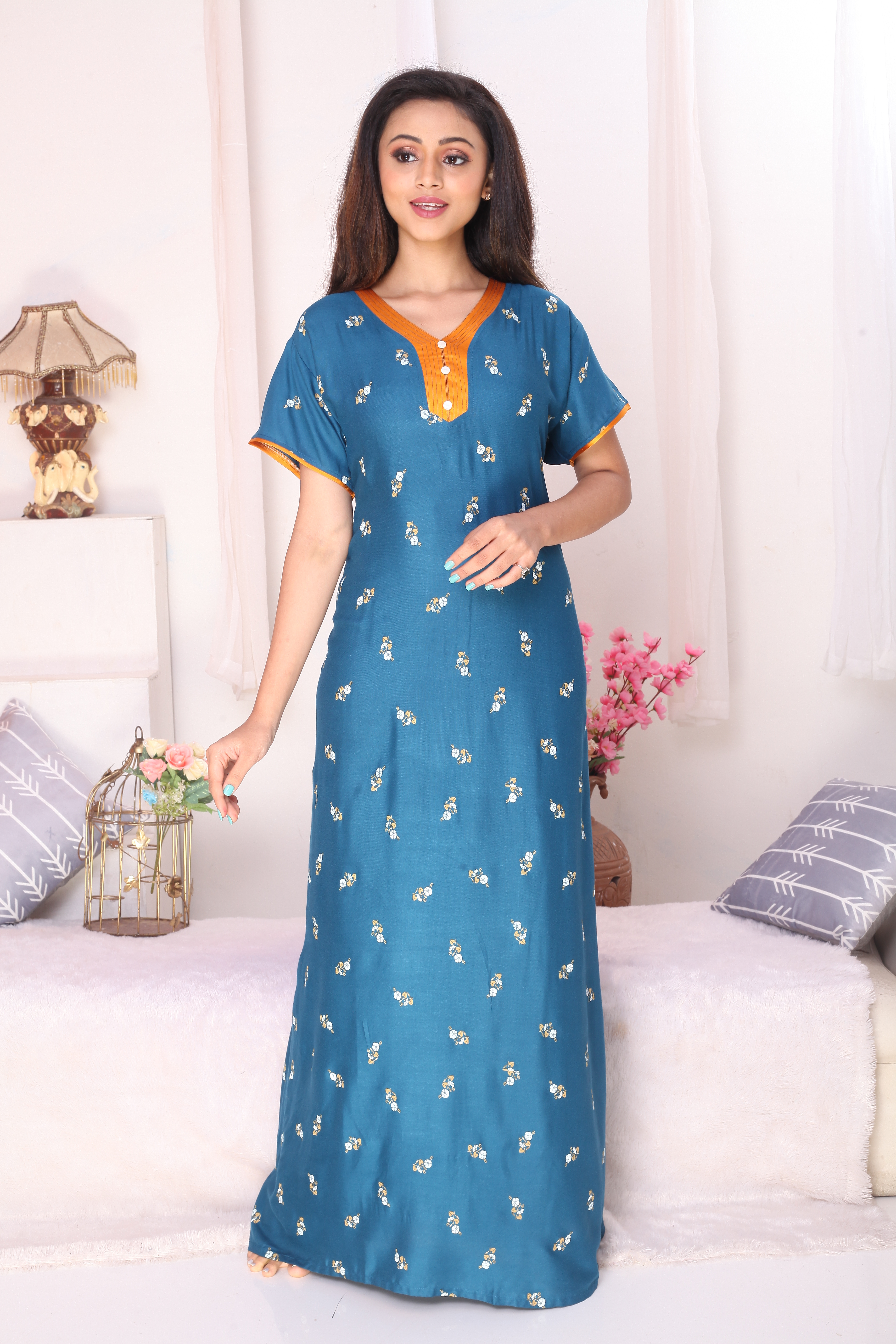 Sonali Ladies Blue Cotton Comfy Night Wear Nighty / House Coats / Plus Size House Coats Q1631
