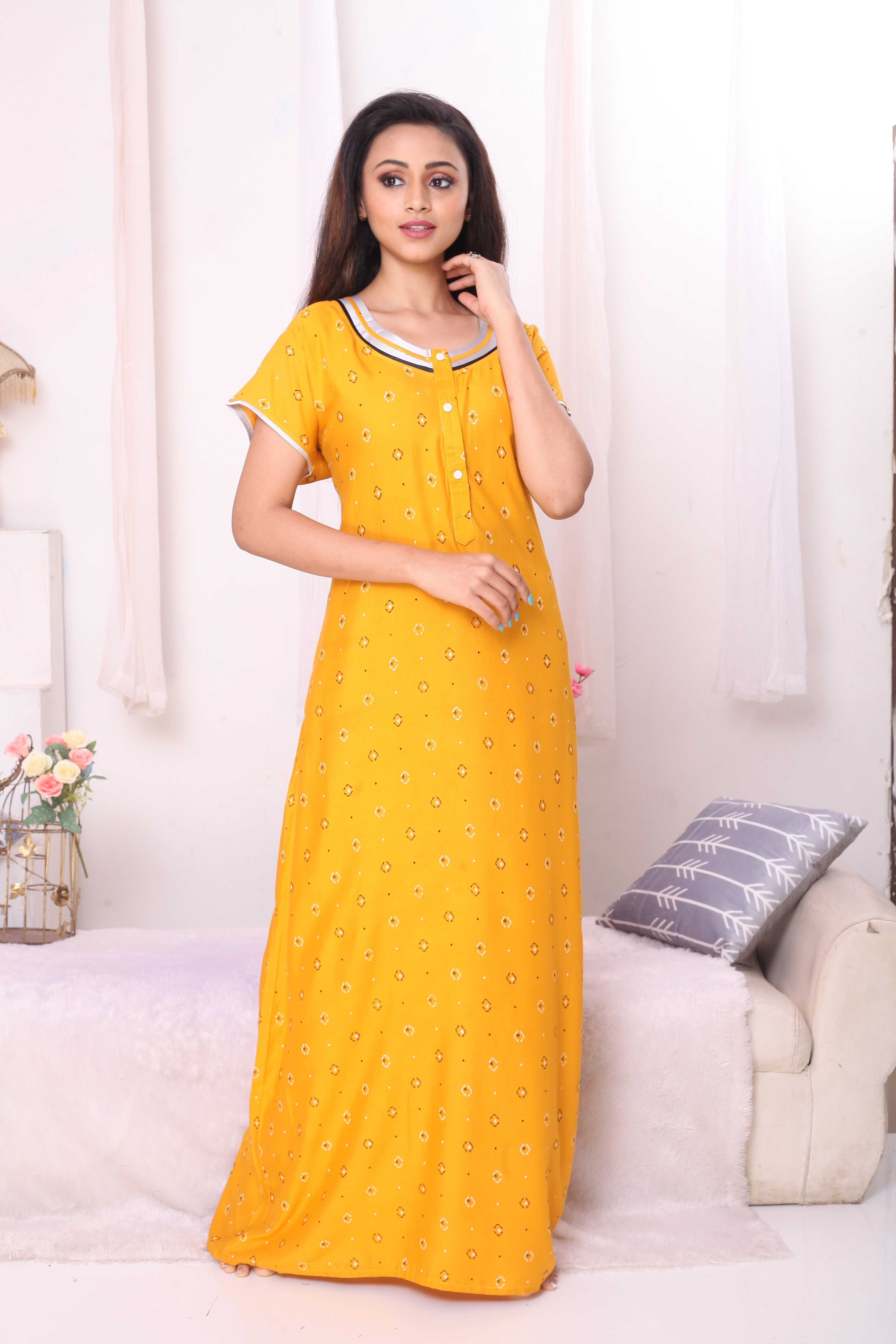 Sonali Ladies Yellow Cotton Comfy Night Wear Nighty / House Coats / Plus Size House Coats Q1634