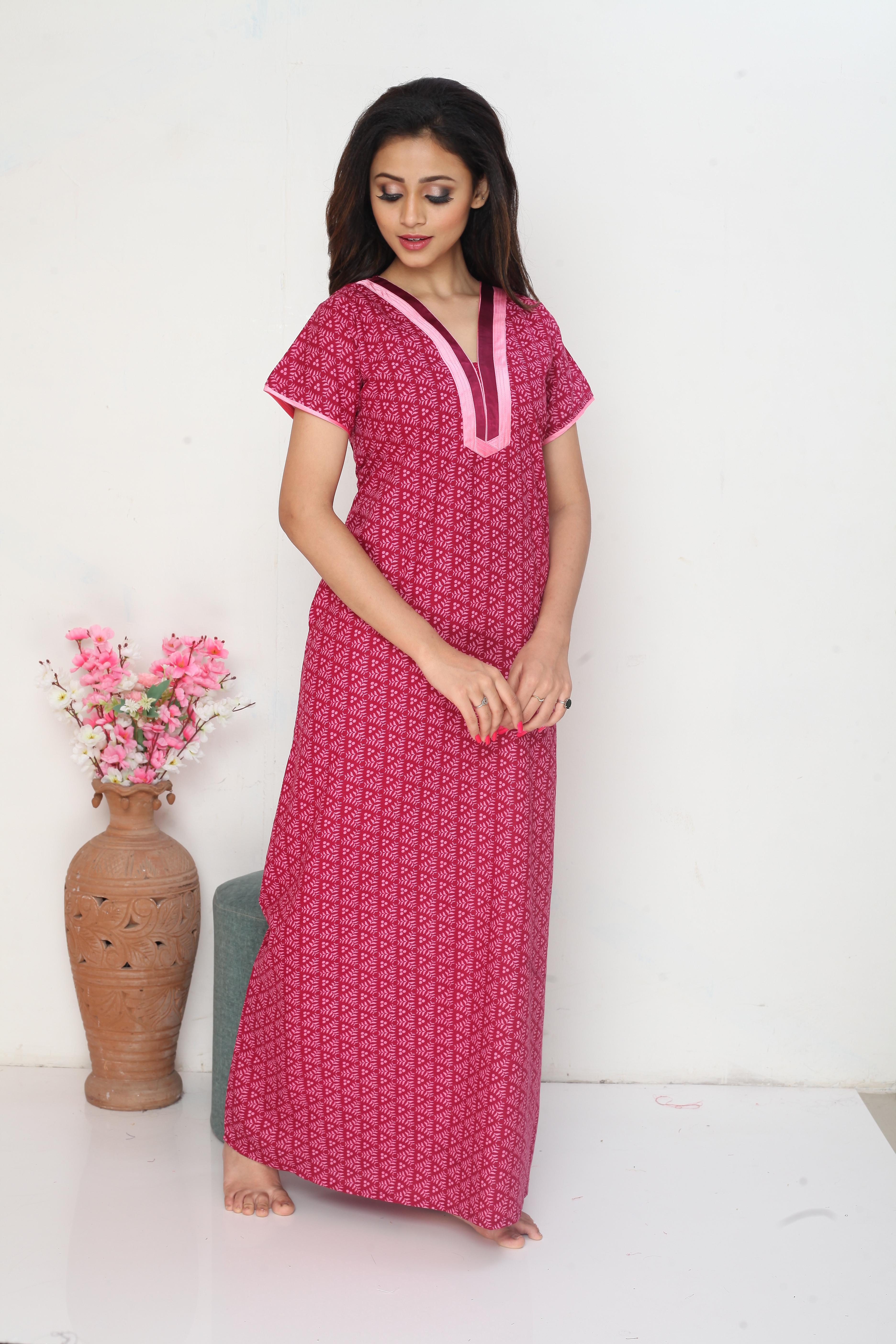 Sonali Ladies Maroon Cotton Comfy Night Wear Nighty / House Coats / Plus Size House Coats Q1637