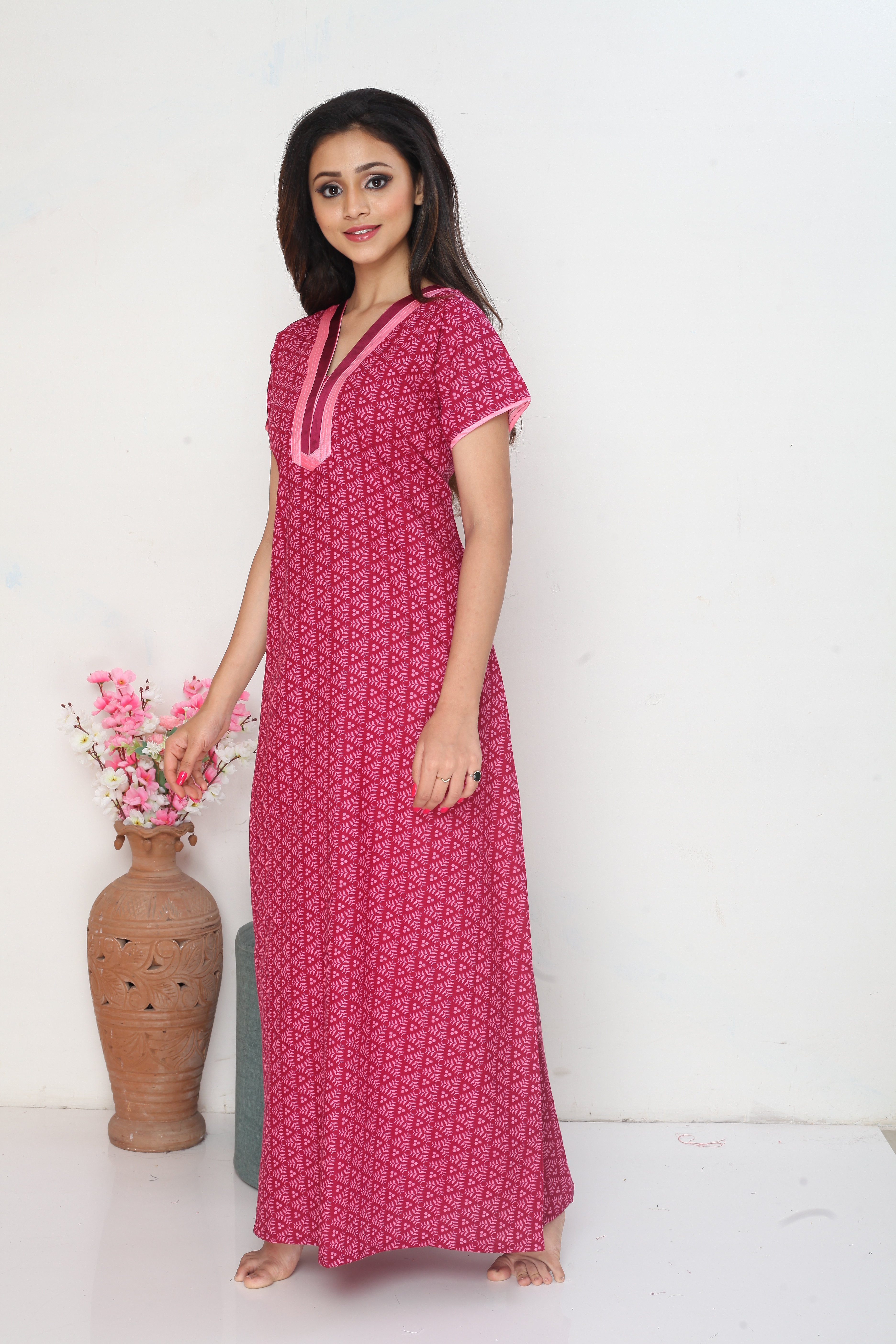 Sonali Ladies Maroon Cotton Comfy Night Wear Nighty / House Coats / Plus Size House Coats Q1637