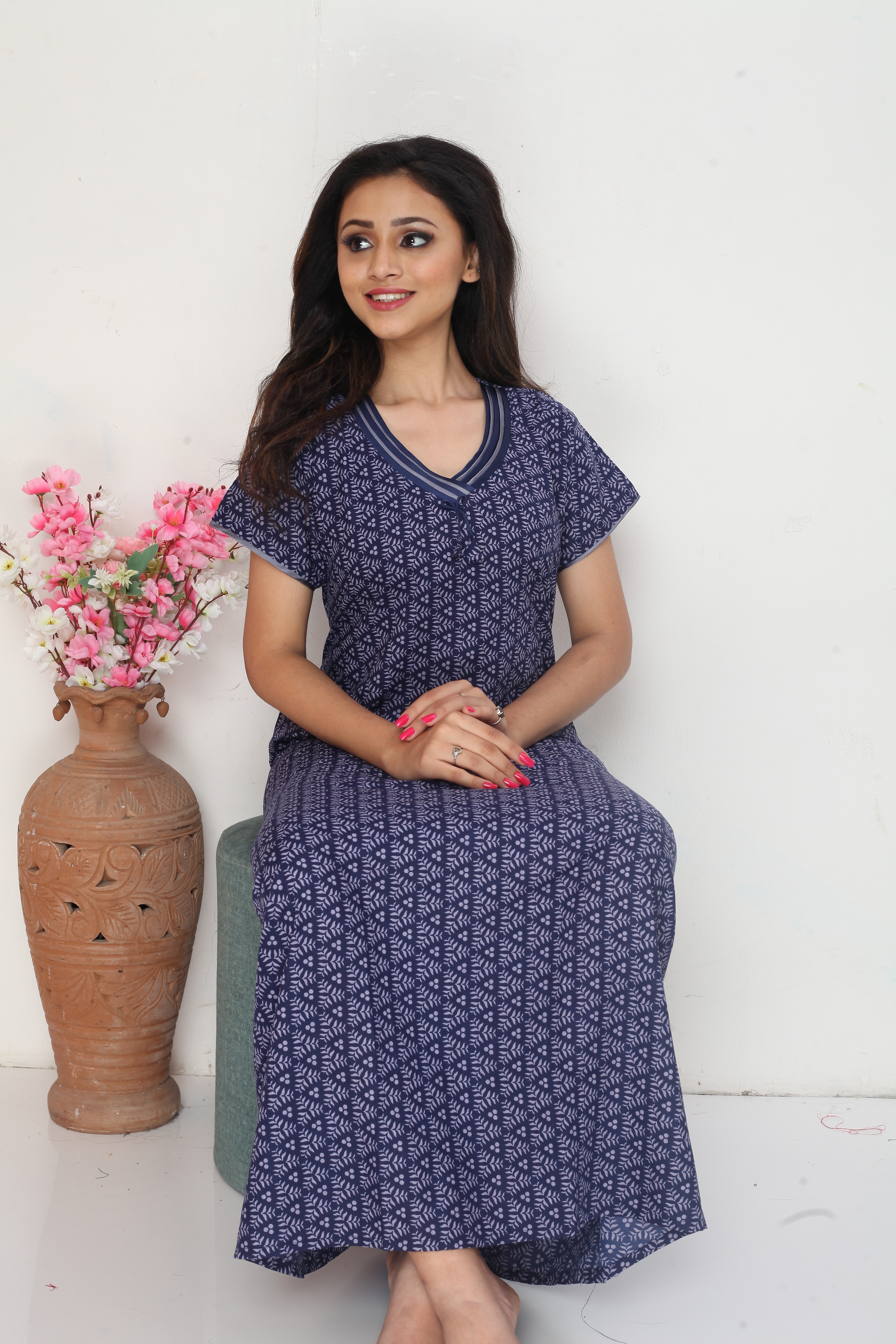 Sonali Ladies Dark Blue Cotton Comfy Night Wear Nighty / House Coats / Plus Size House Coats Q1638