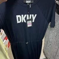 [S] DKNY DRAWSTRING WAIST DRESS SHORT SLEEVE LOGO, NEW NAVY/WHITE, P2CD7EGQ-NEW NVY/WHT (SD130)