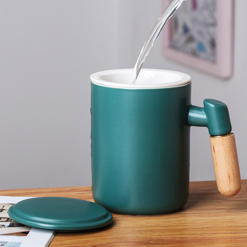 北歐風木手柄陶瓷三件套辦公室馬克杯