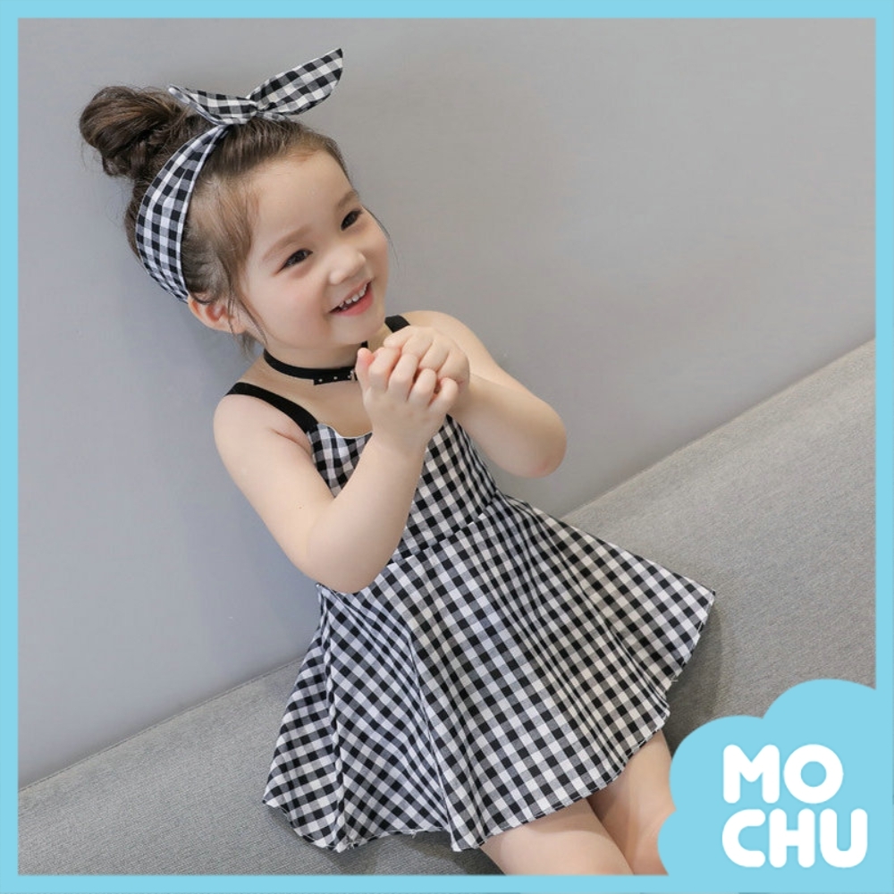 黑白格收腰連衣裙(送髮帶)