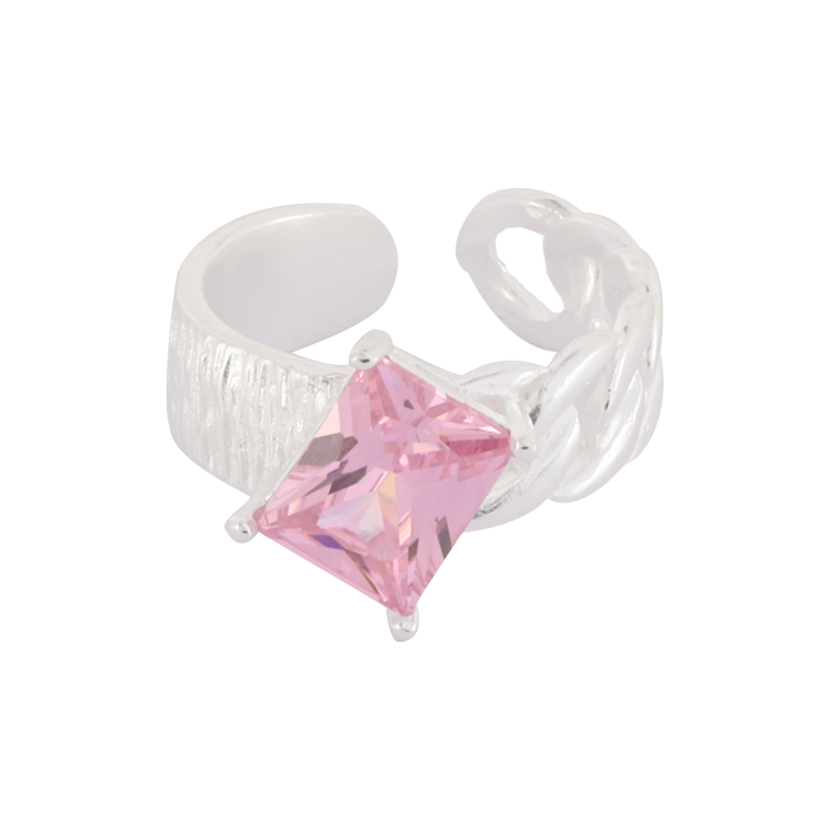 純銀戒指，女士戒指 輕奢透亮方鋯；不對稱造型更與眾不同（2652粉鑽）