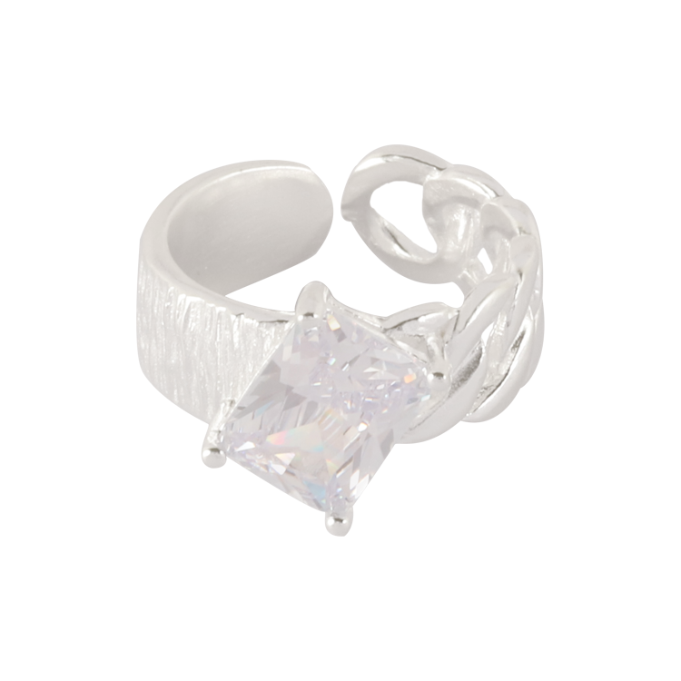 純銀戒指，女士戒指 輕奢透亮方鋯；不對稱造型更與眾不同（2652白鑽）