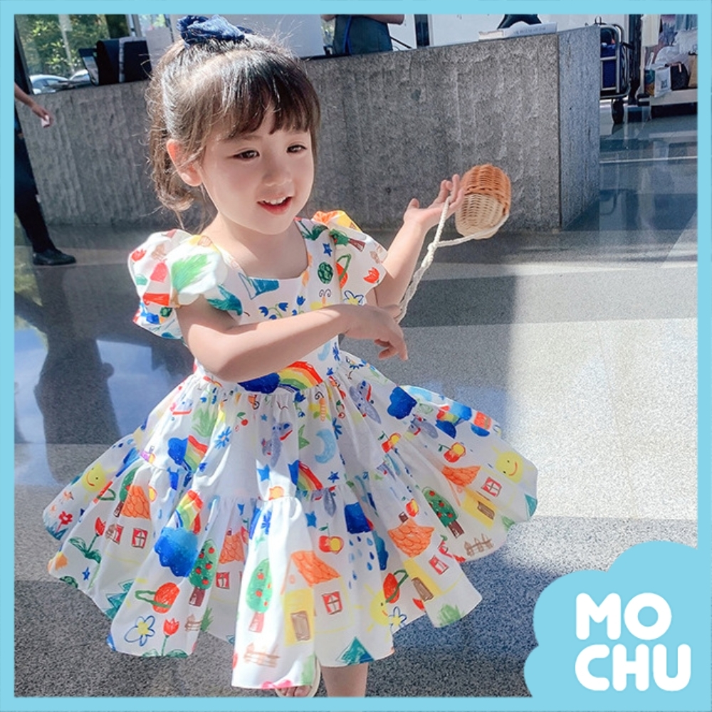 彩色塗鴉泡泡袖連衣裙