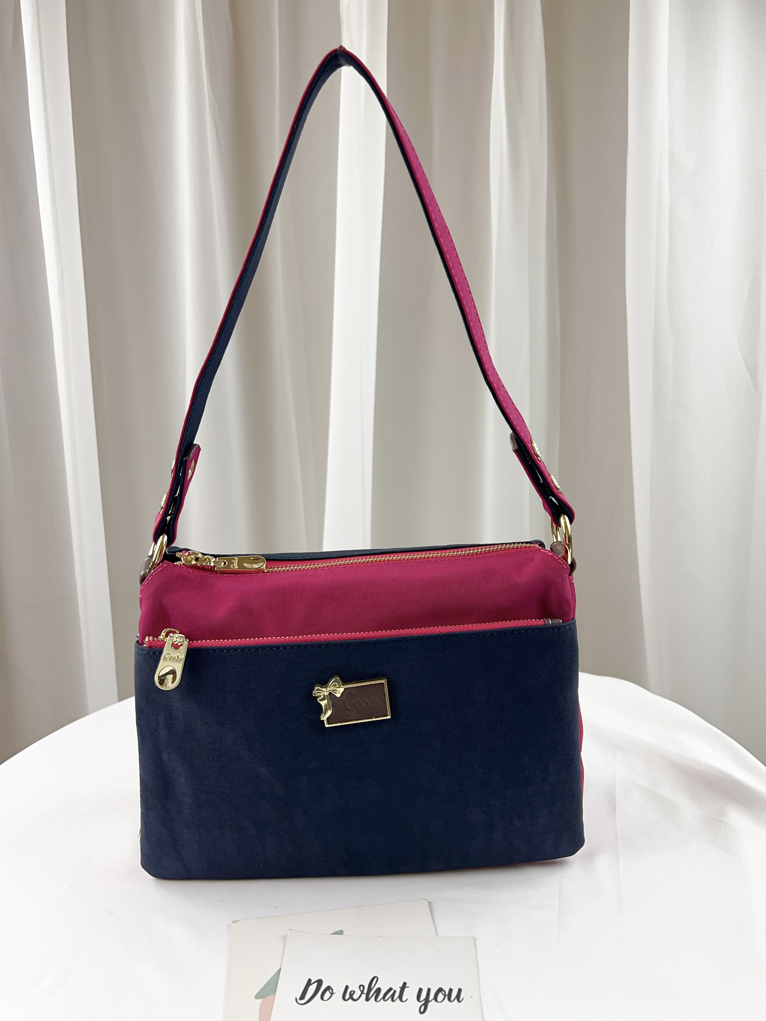 GOODS 藍桃拼色 肯尼布拼接真皮側背包  #29259