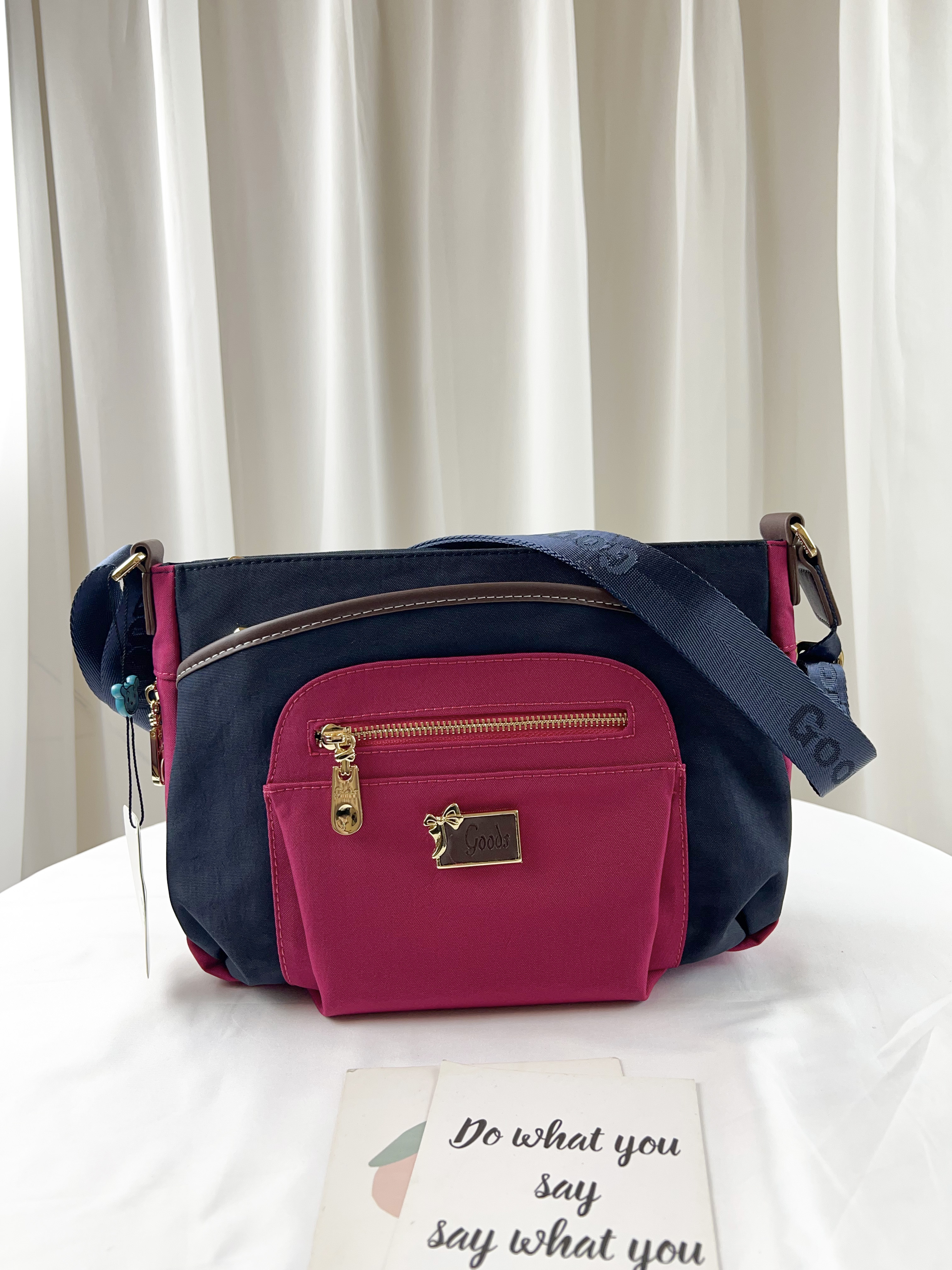 GOODS 藍桃拼色 肯尼布拼接真皮側背包 #2237