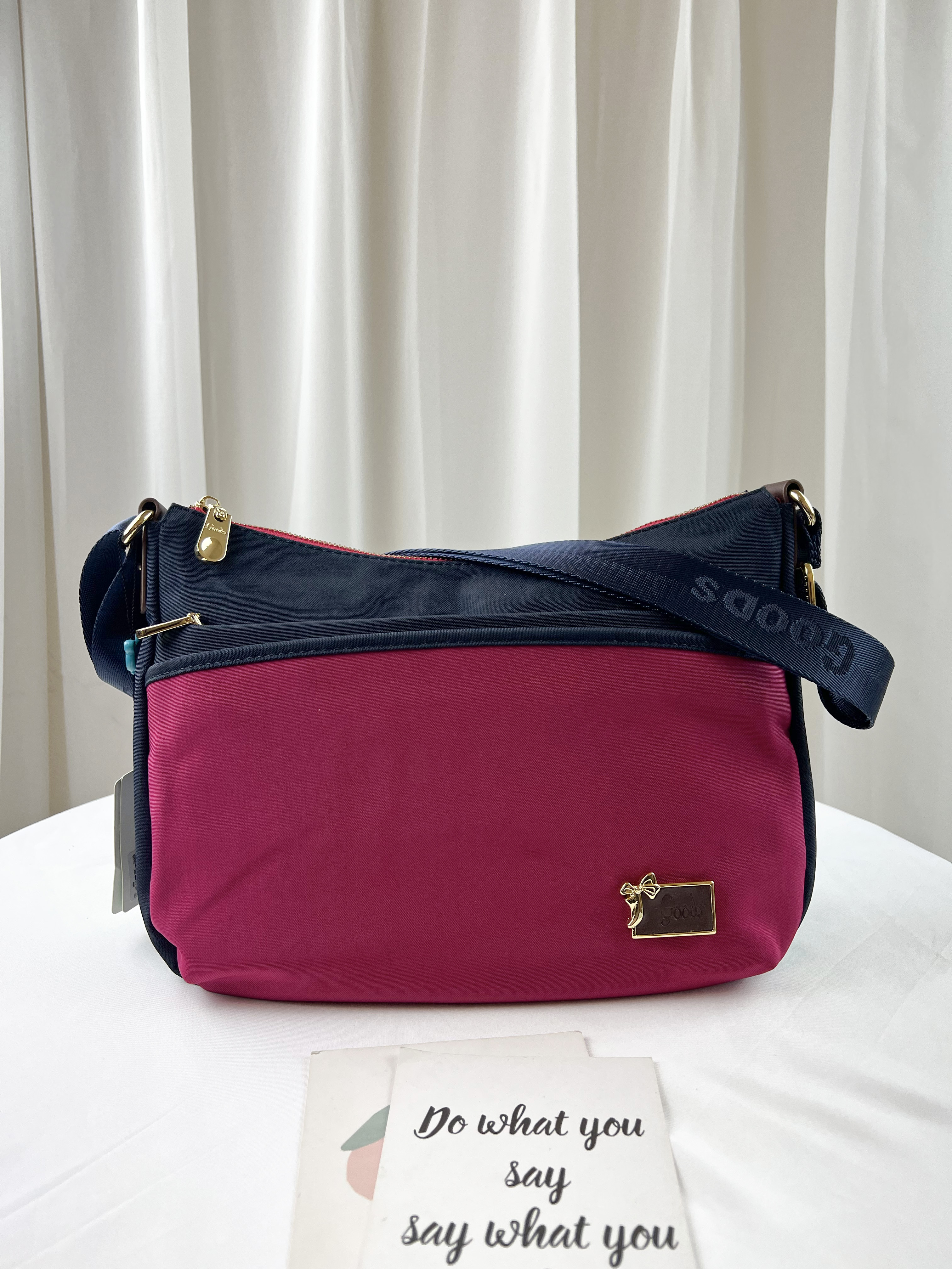 GOODS 藍桃拼色 肯尼布拼接真皮側背包  #2638