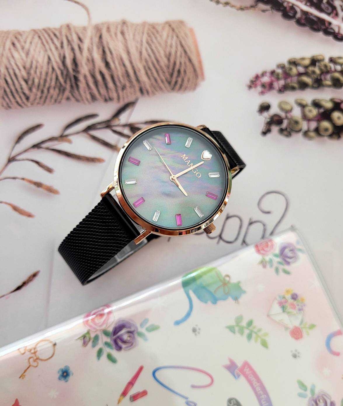 【MANGO】海洋之心晶鑽貝殼面腕錶 MA6770L-BK-H 37mm 現代鐘錶