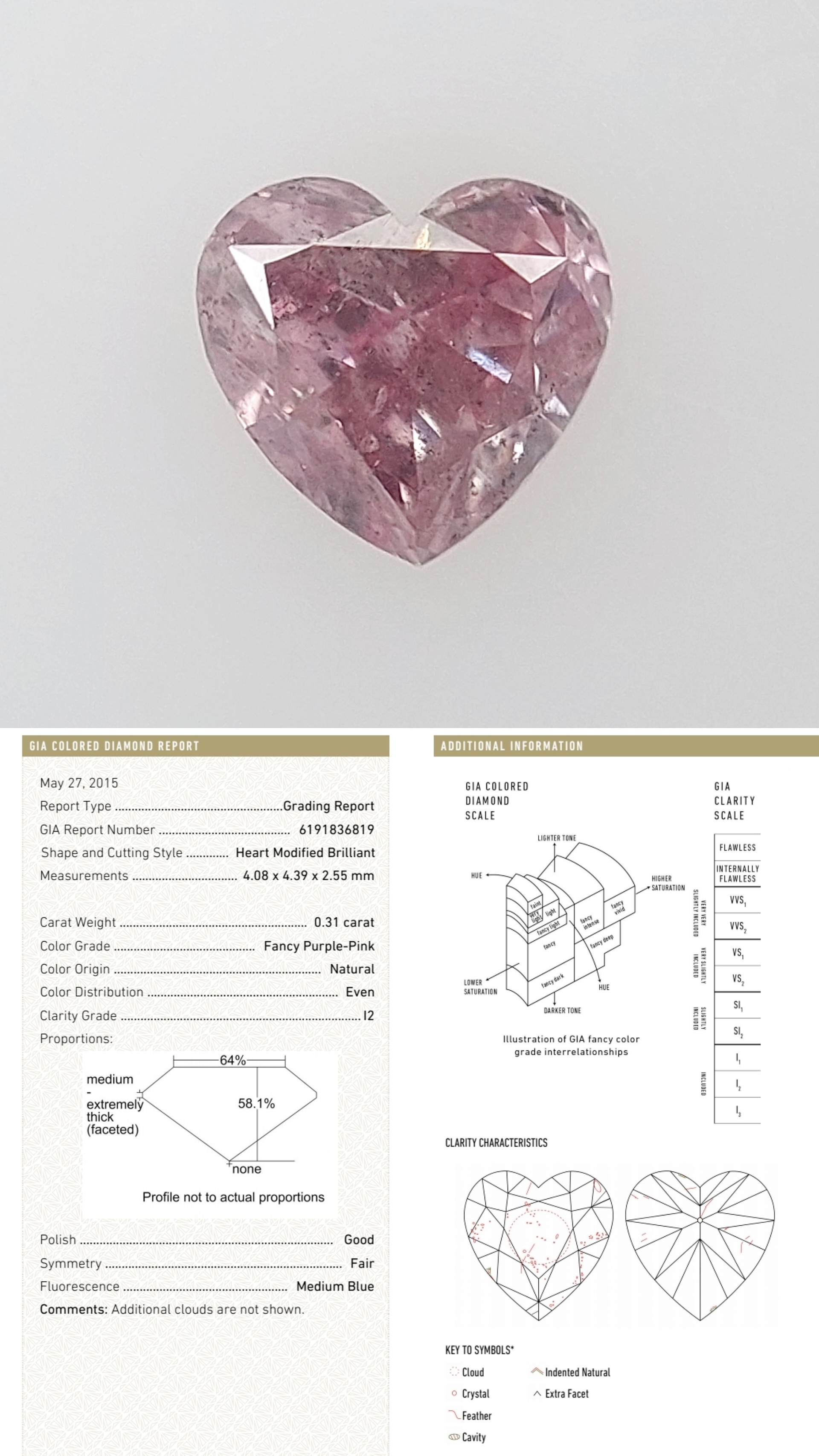 GIA心形粉紅鑽石 0.31ct Natural, Fancy Purple-Pink, even I2 G Fair MB