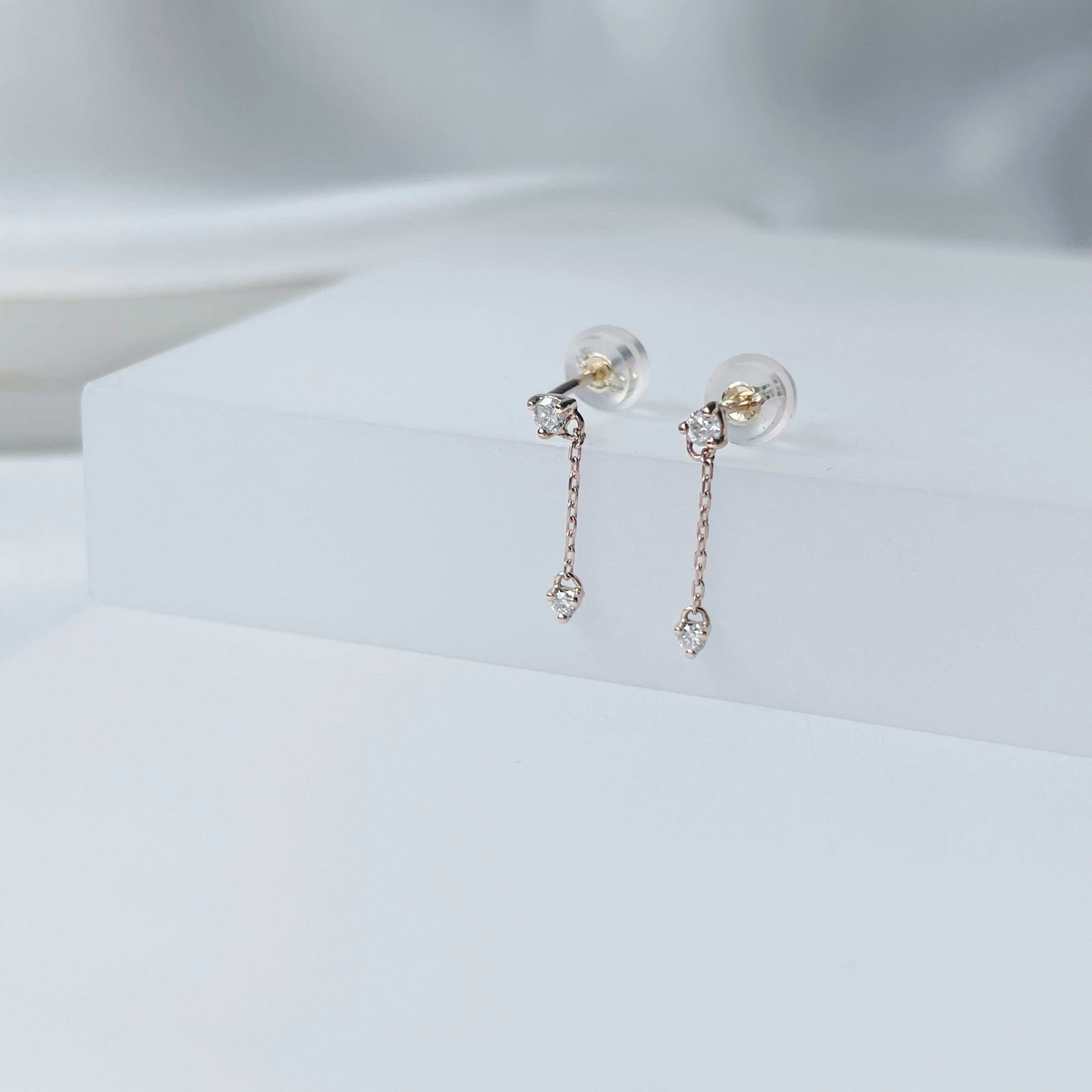 14K mini三爪真鑽小鏈子耳環(單)