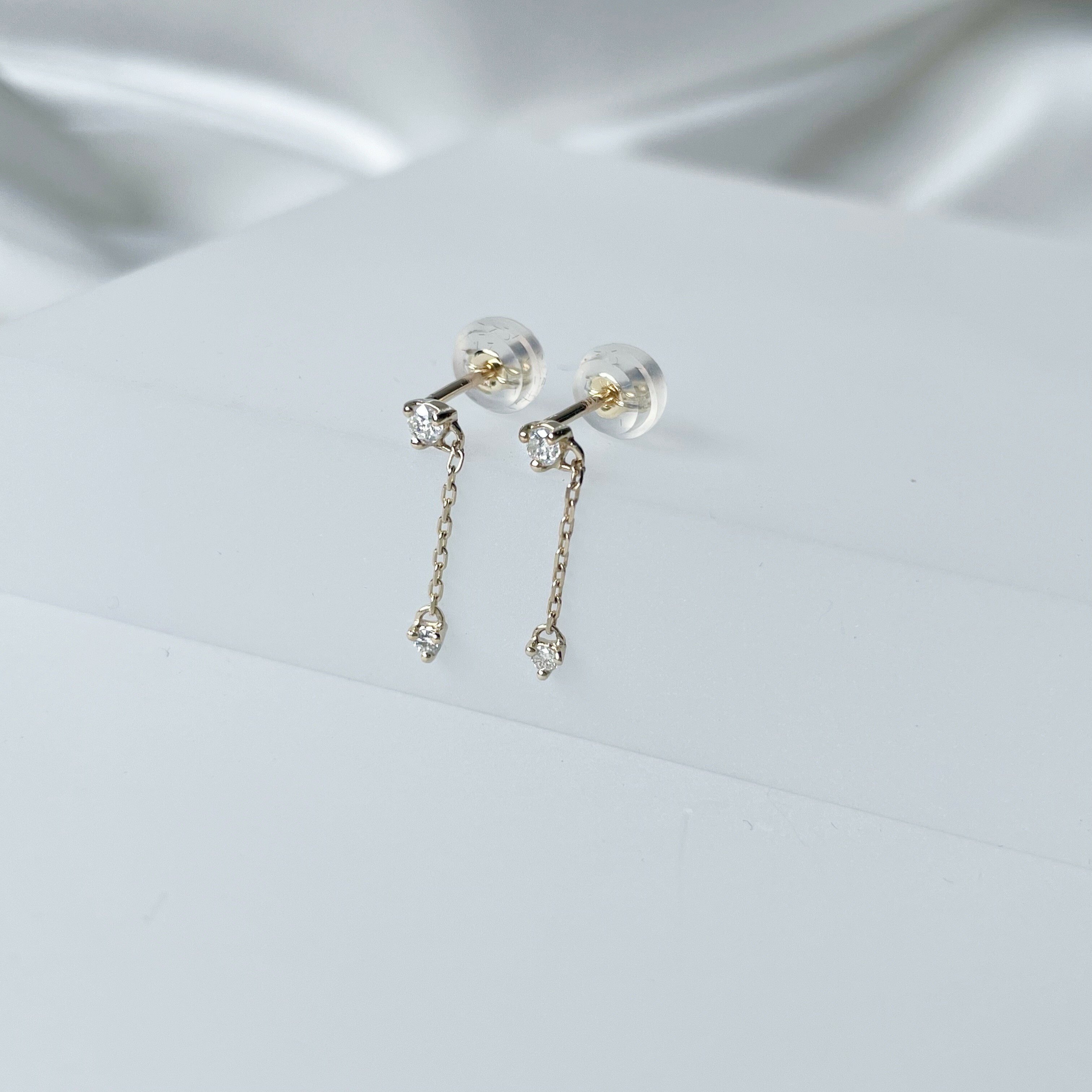 14K mini三爪真鑽小鏈子耳環(單)