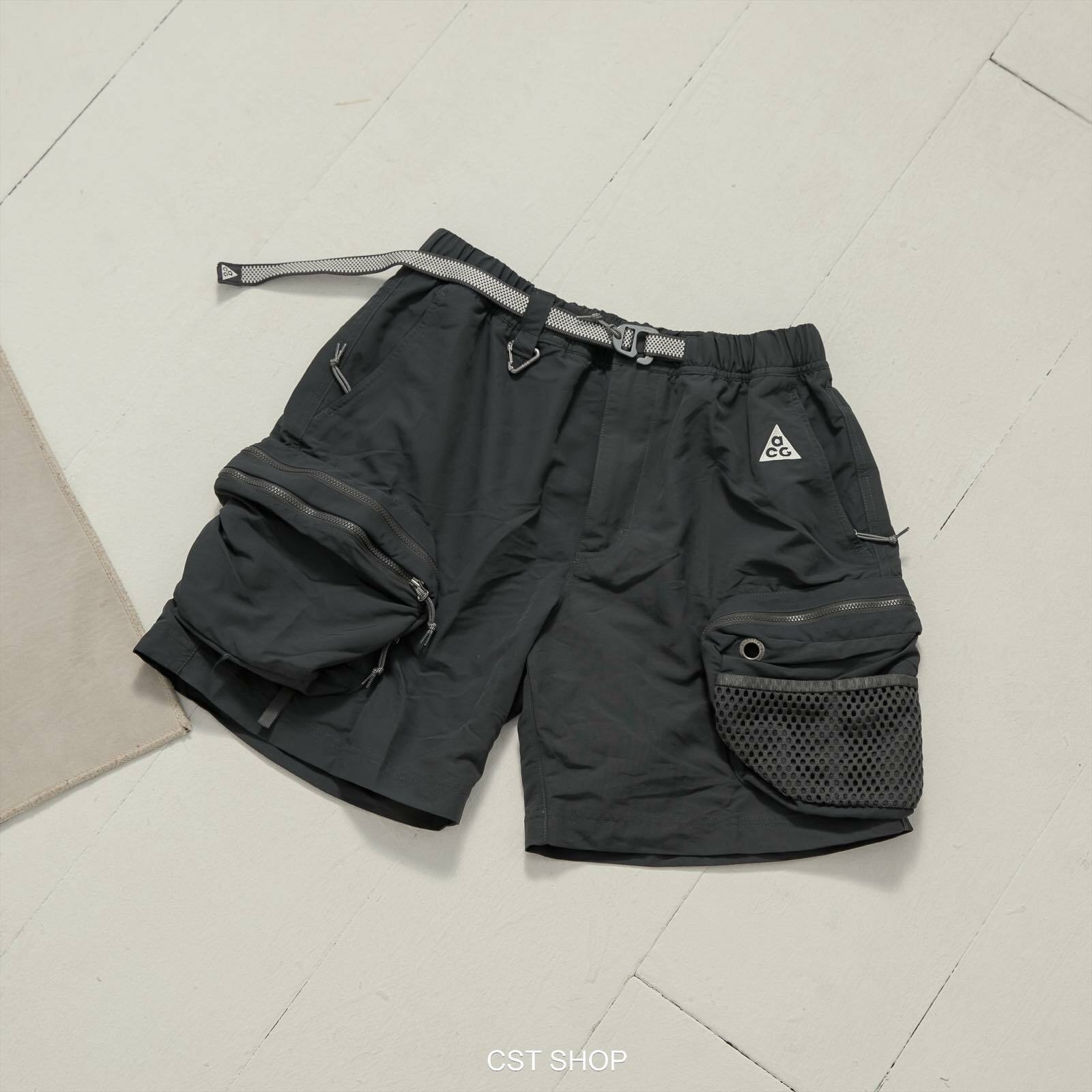 NIKE ACG SHORTS 炭灰色棋盤格腰帶鐵灰刺繡戶外機能防水多口袋工裝短褲