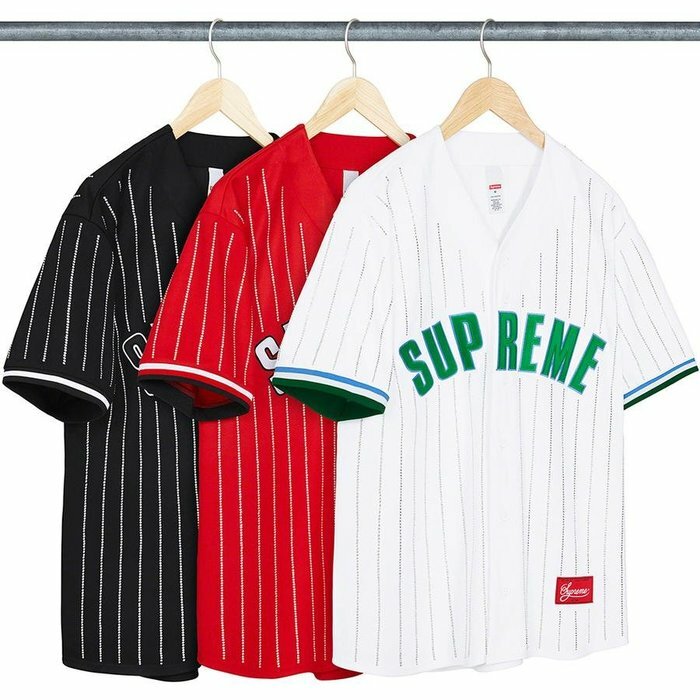 2022SS SUPREME Rhinestone Stripe Baseball Jersey logo 棒球衫 短袖