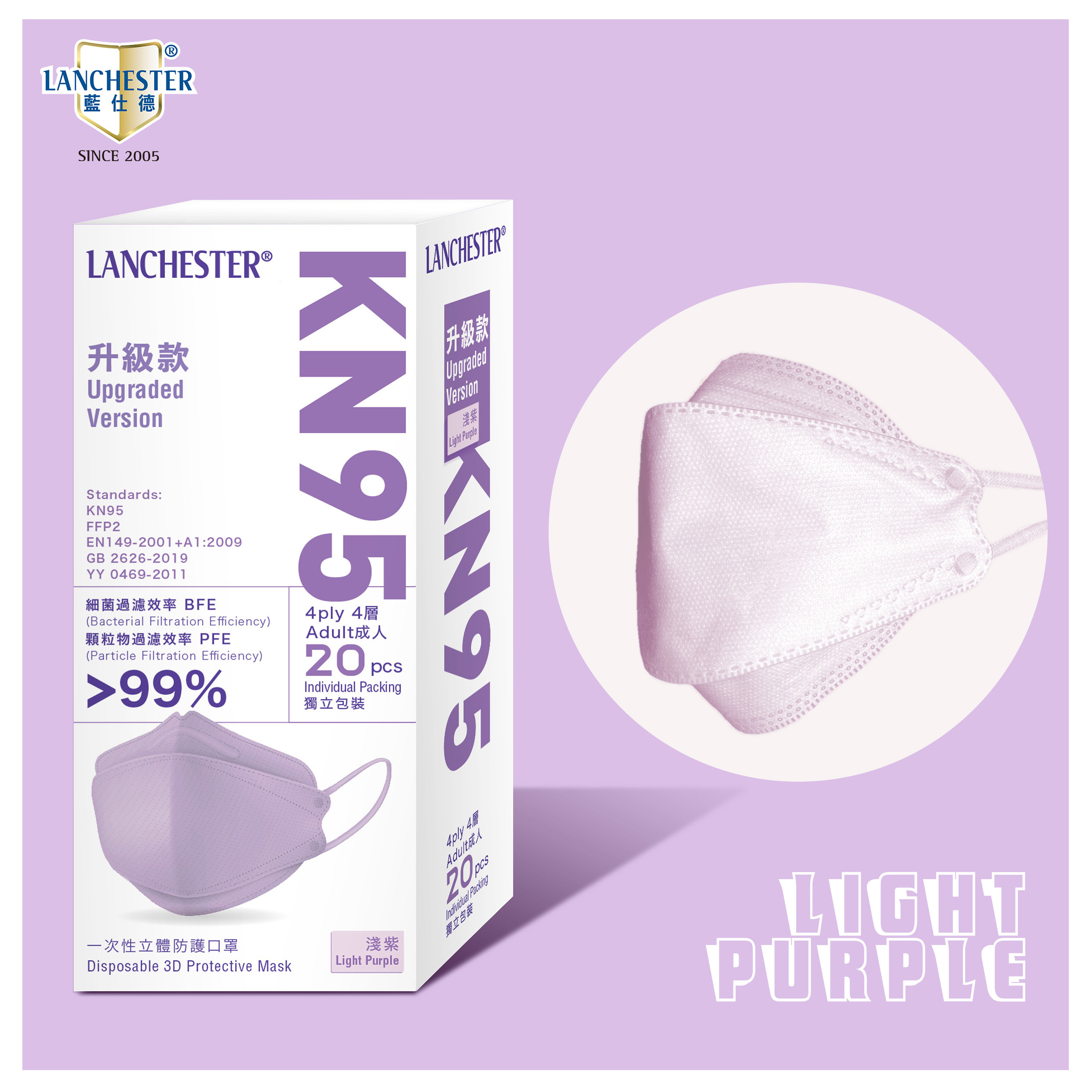 【KN95系列】Lanchester 成人四層升級款口罩 淺紫色二十片 獨立包裝(KF94)(醫用級)(證書認證/信心保證)