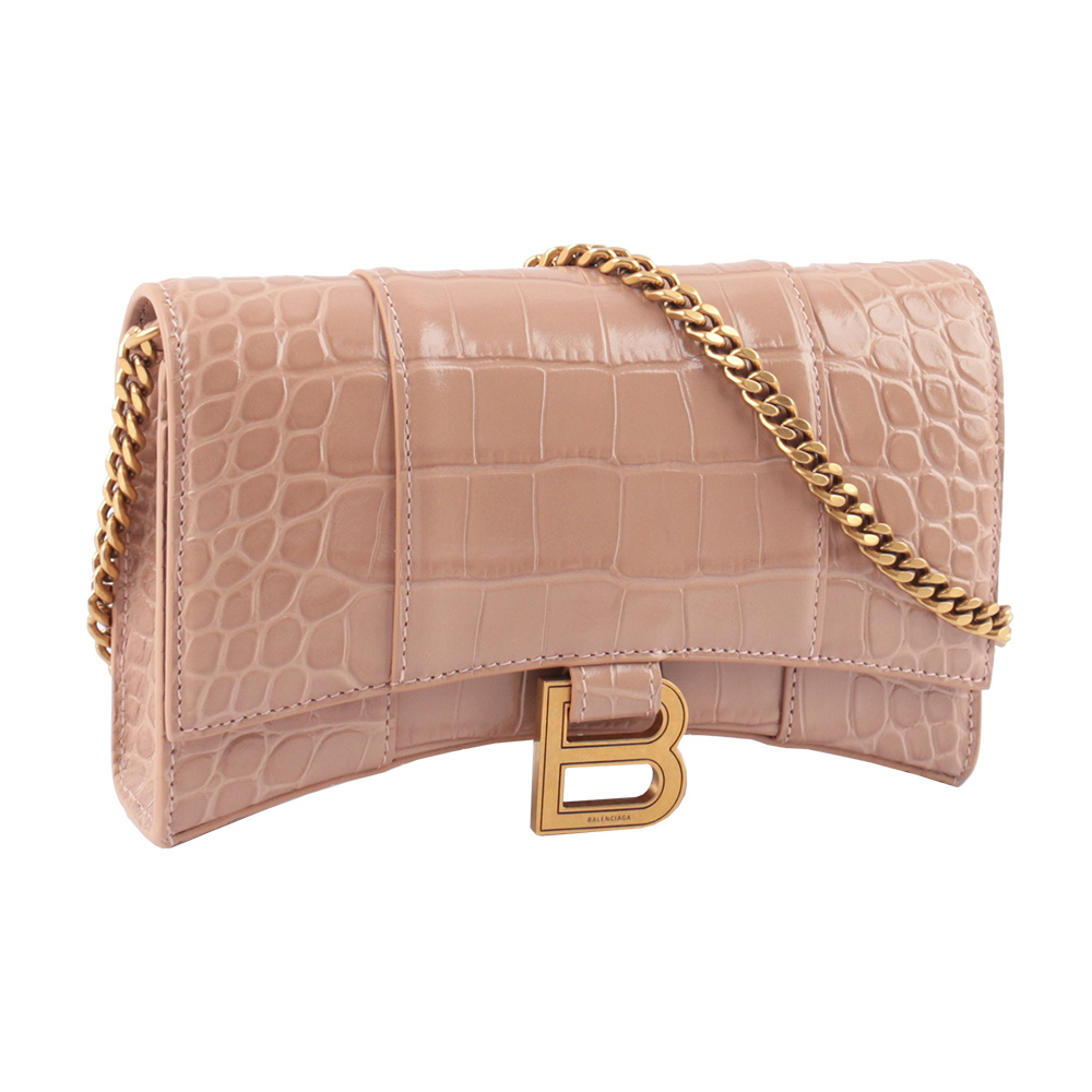 【BALENCIAGA】Hourglass 牛皮壓鱷魚紋皮夾式鏈包WOC(裸粉色)
