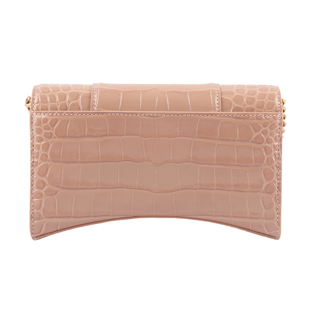【BALENCIAGA】Hourglass 牛皮壓鱷魚紋皮夾式鏈包WOC(裸粉色)