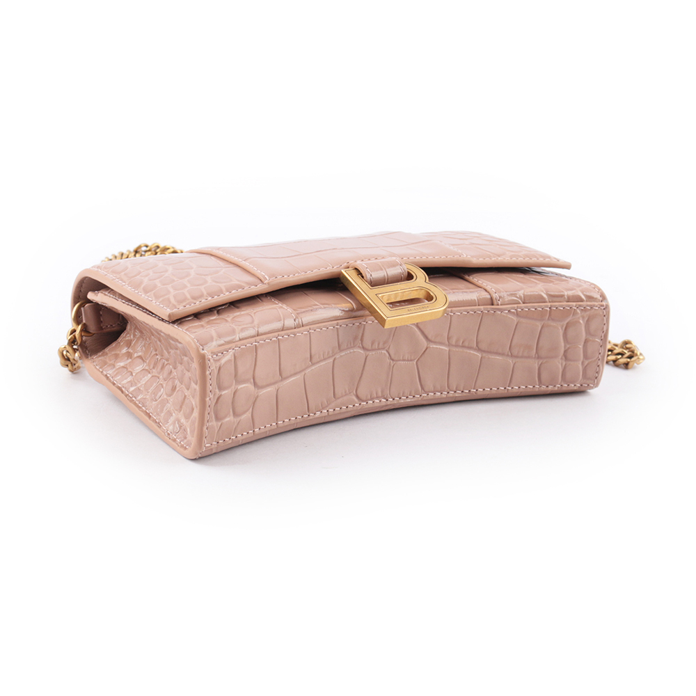 【BALENCIAGA】Hourglass 牛皮壓鱷魚紋皮夾式鏈包WOC(裸粉色)