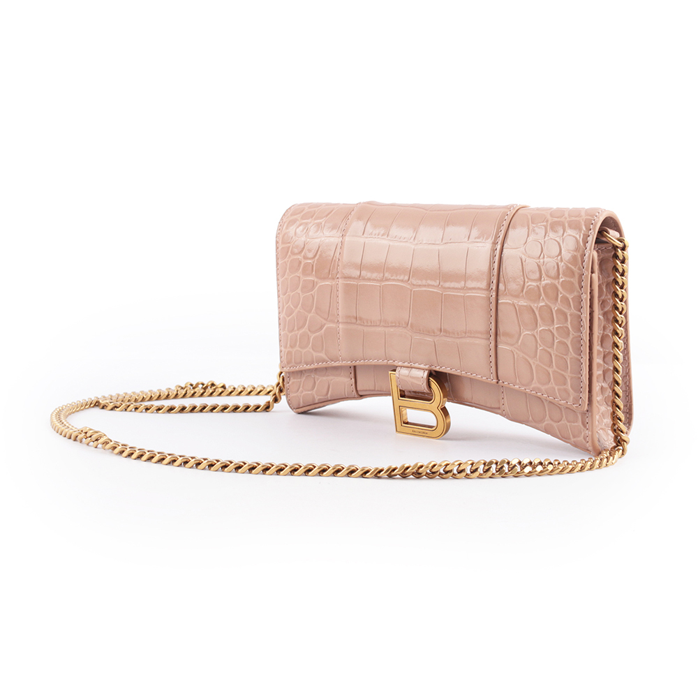 【BALENCIAGA】Hourglass 牛皮壓鱷魚紋皮夾式鏈包WOC(裸粉色)