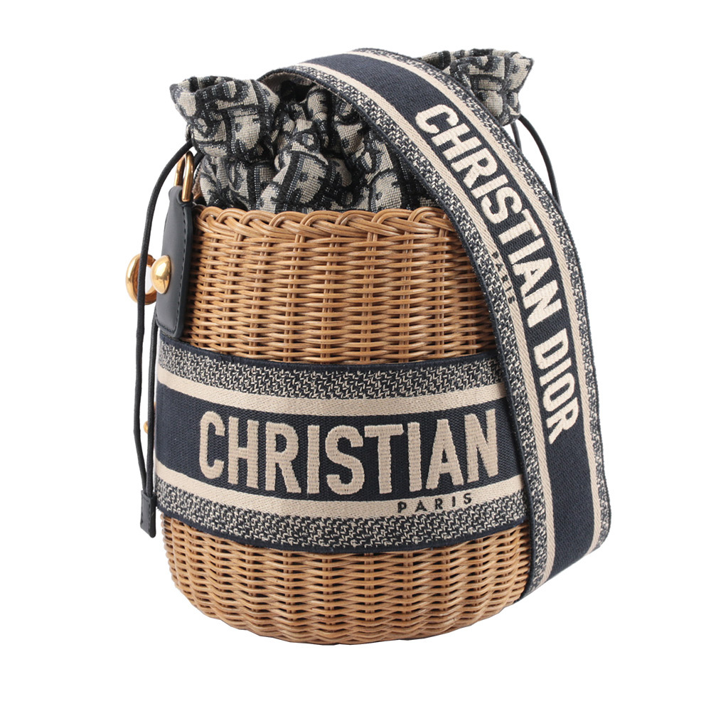 【CHRISTIAN DIOR】WICKER 柳條編織緹花水桶包(自然色/藍色)