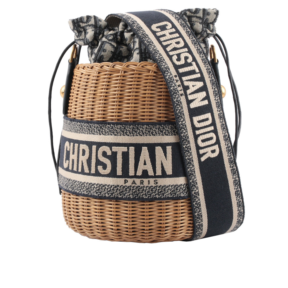 【CHRISTIAN DIOR】WICKER 柳條編織緹花水桶包(自然色/藍色)