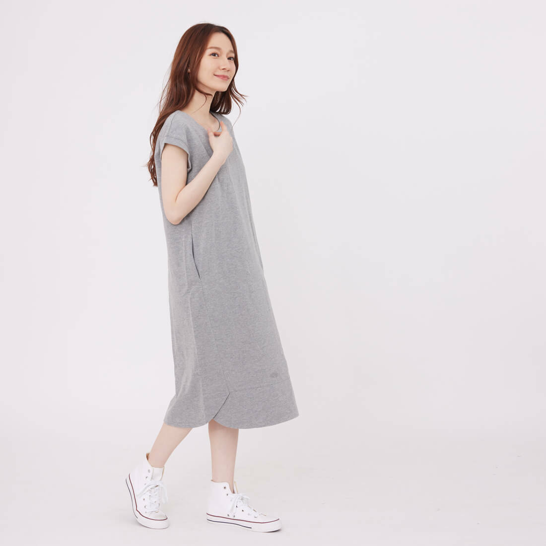 法國小毛圈無袖口袋長洋裝/中灰