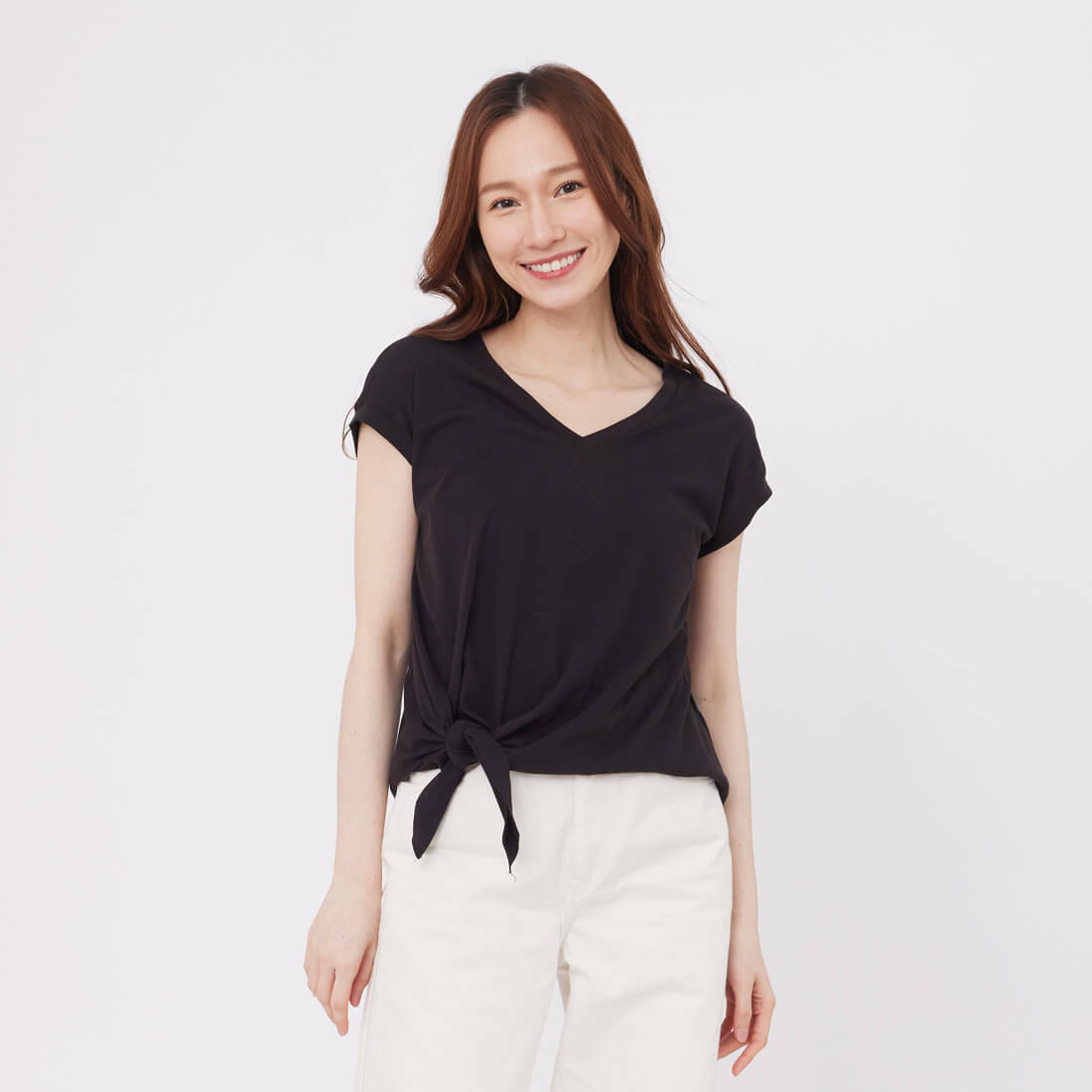 軟綿棉V領扭結上衣/黑