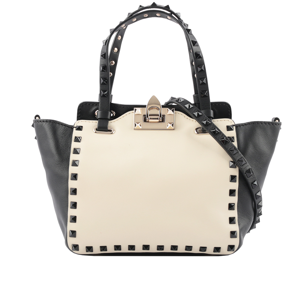 【VALENTINO】Rockstud 小牛皮拼色迷你鉚釘二用包(白色/黑色)