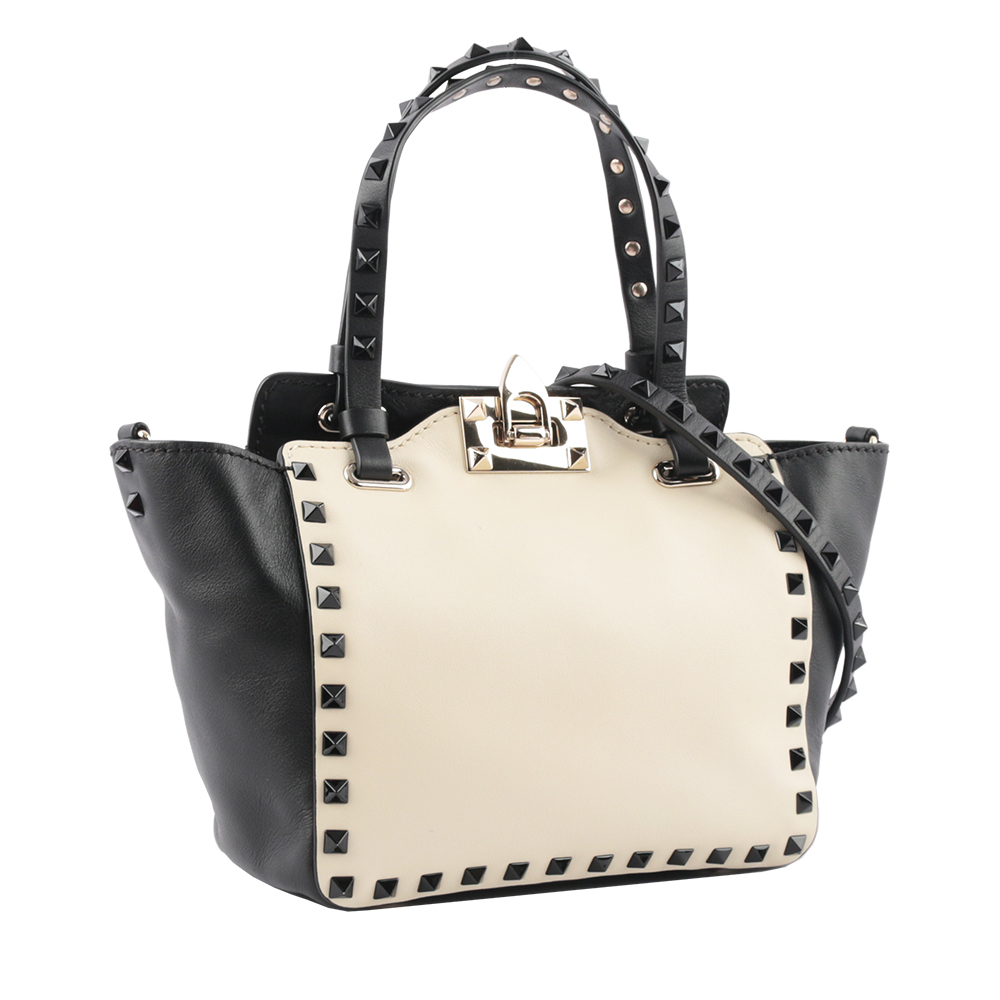 【VALENTINO】Rockstud 小牛皮拼色迷你鉚釘二用包(白色/黑色)