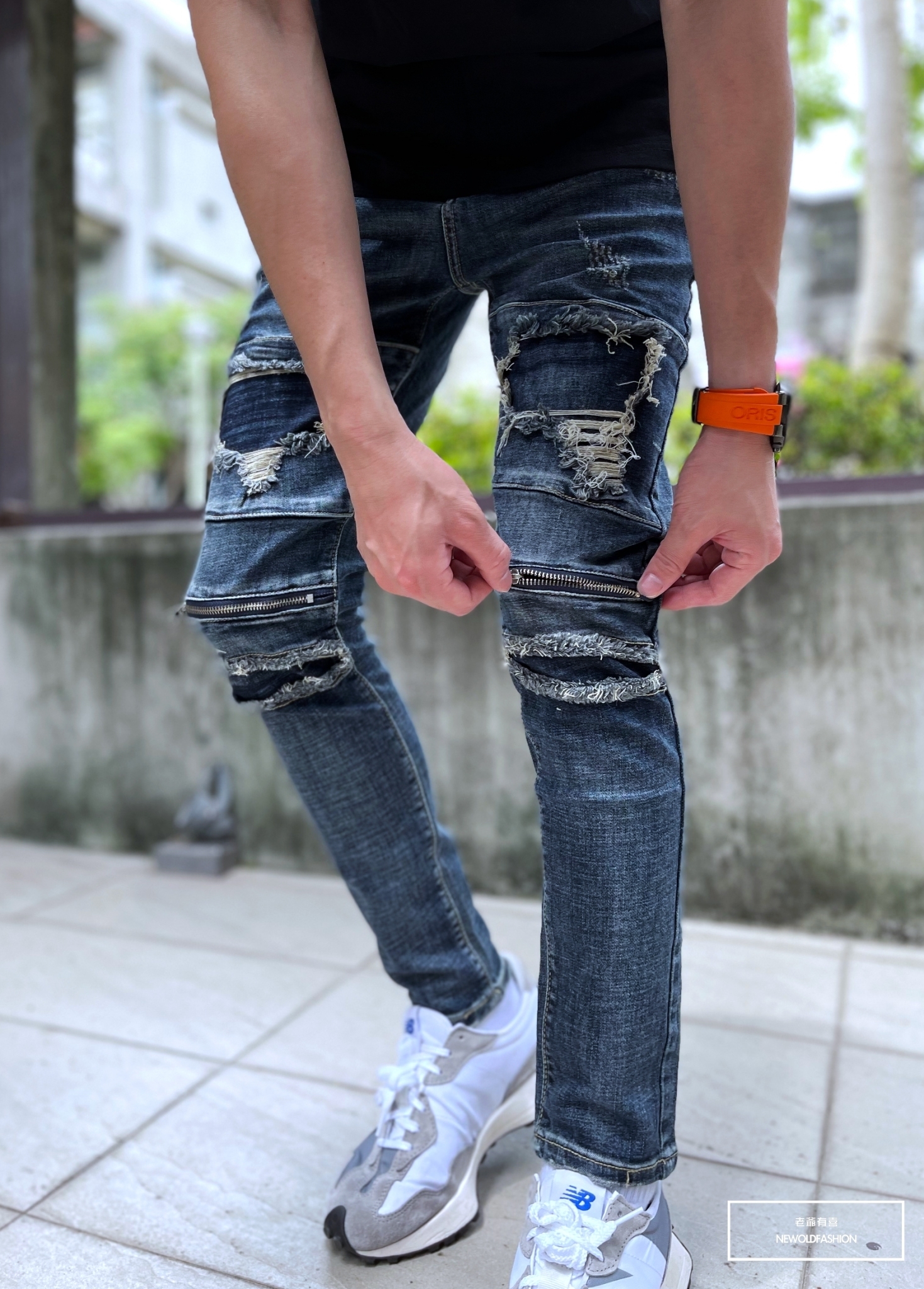 『新品上市』重磅深藍補丁膝拉鍊小直筒(NOF22033330)