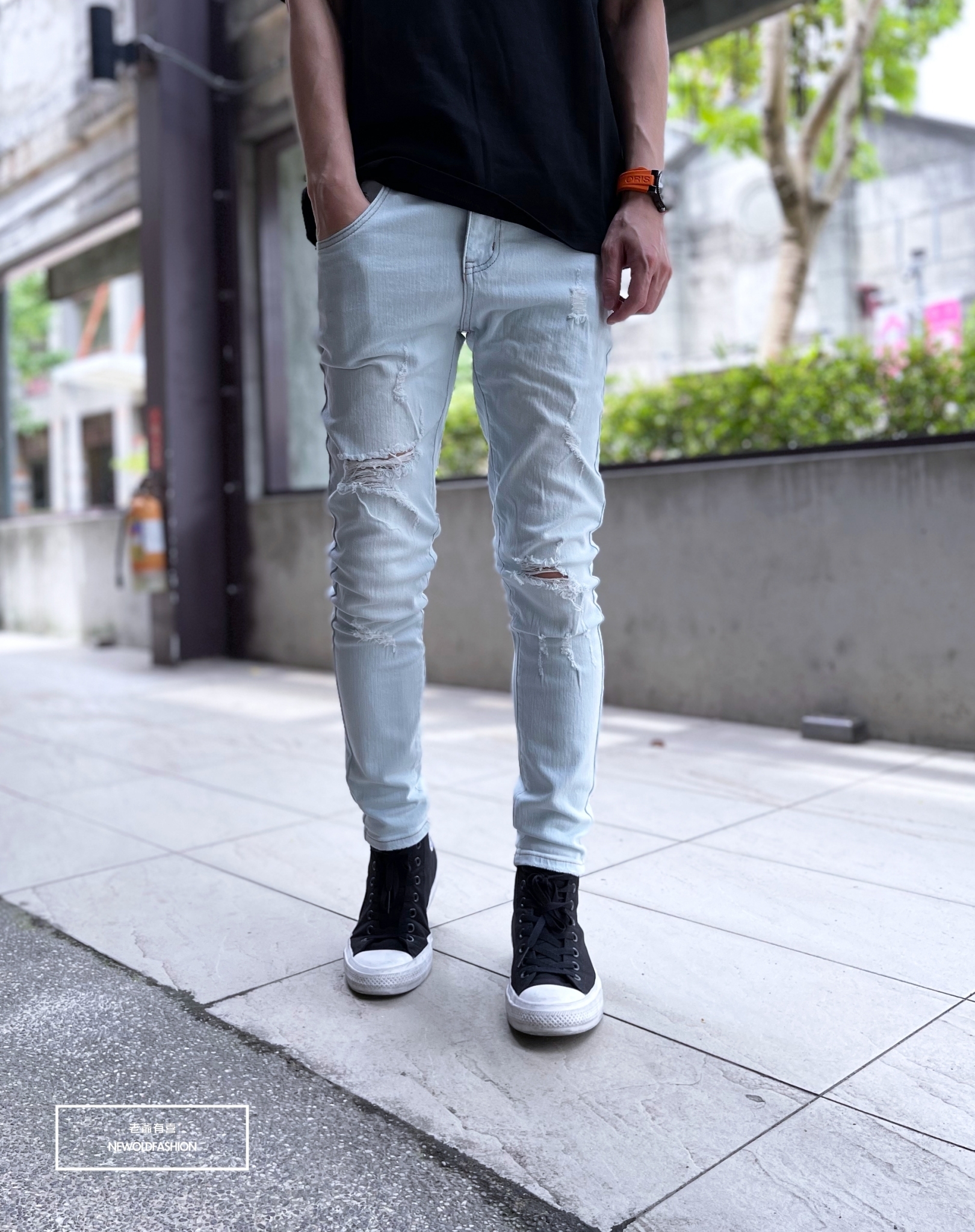 『熱銷到貨』重磅極淺刷白膝破壞貓鬚牛仔小直筒褲(NOF2003741)