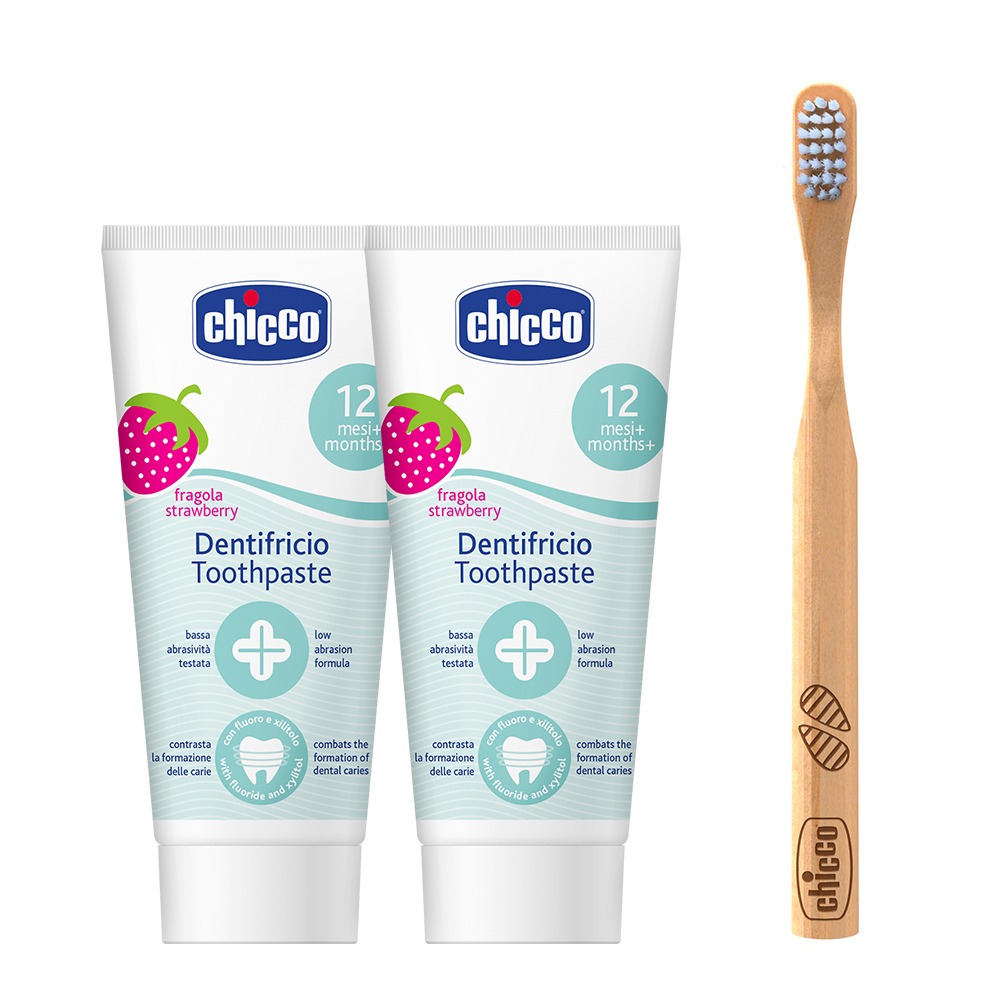 兒童含氟牙膏組(水果草莓50ml x2 + 環保竹牙刷x1)
