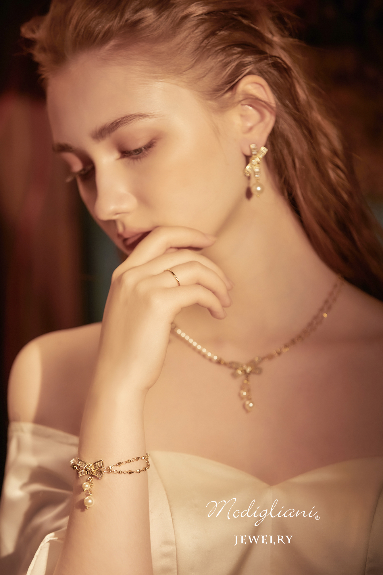 黃銅飾品,黃銅,優雅,施華洛世奇水晶珍珠,珍珠,手鍊,蝴蝶結,鋯石,氣質