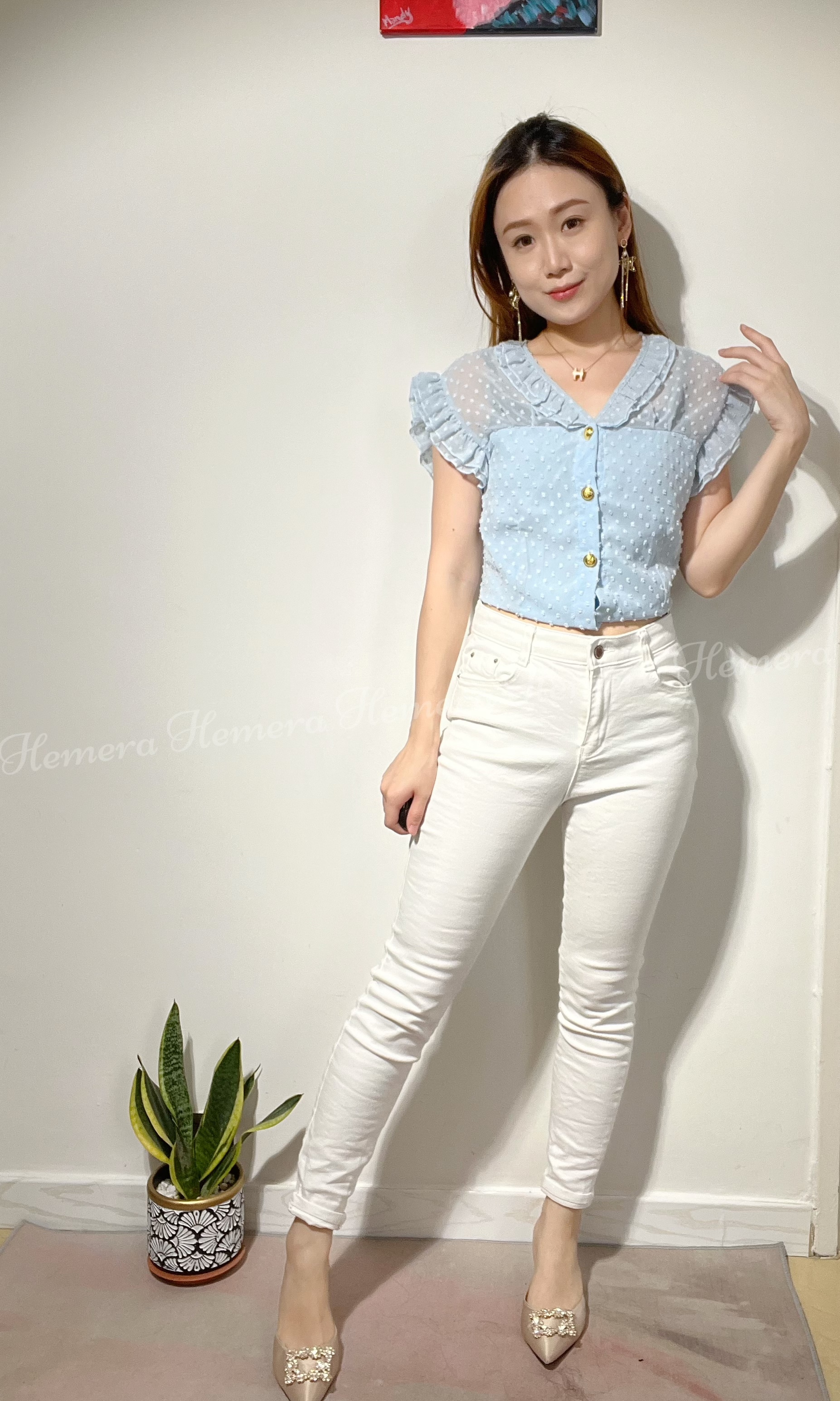 Fei Fei Sleeve Cute Top with Golden Button TP22S0673