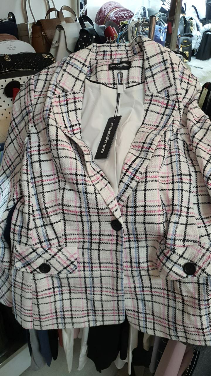 [S] KARL LAGERFELD TWEED BOYFRIEND BLAZER, WHITE/BLACK/RED, L2CCU156-S1M (SKL165)