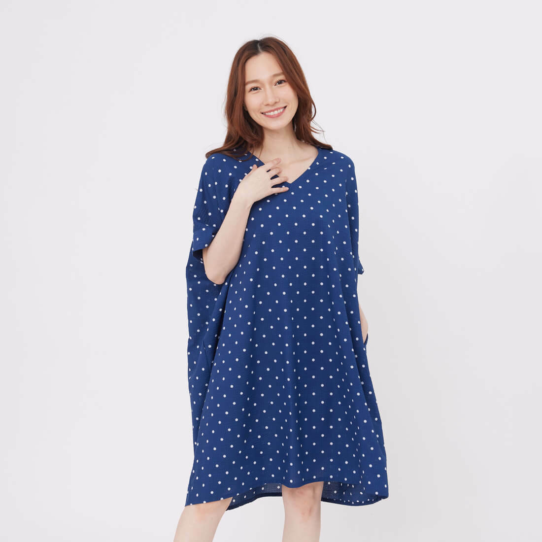 Mindy印花V小領寬口袋洋裝/靛藍水玉