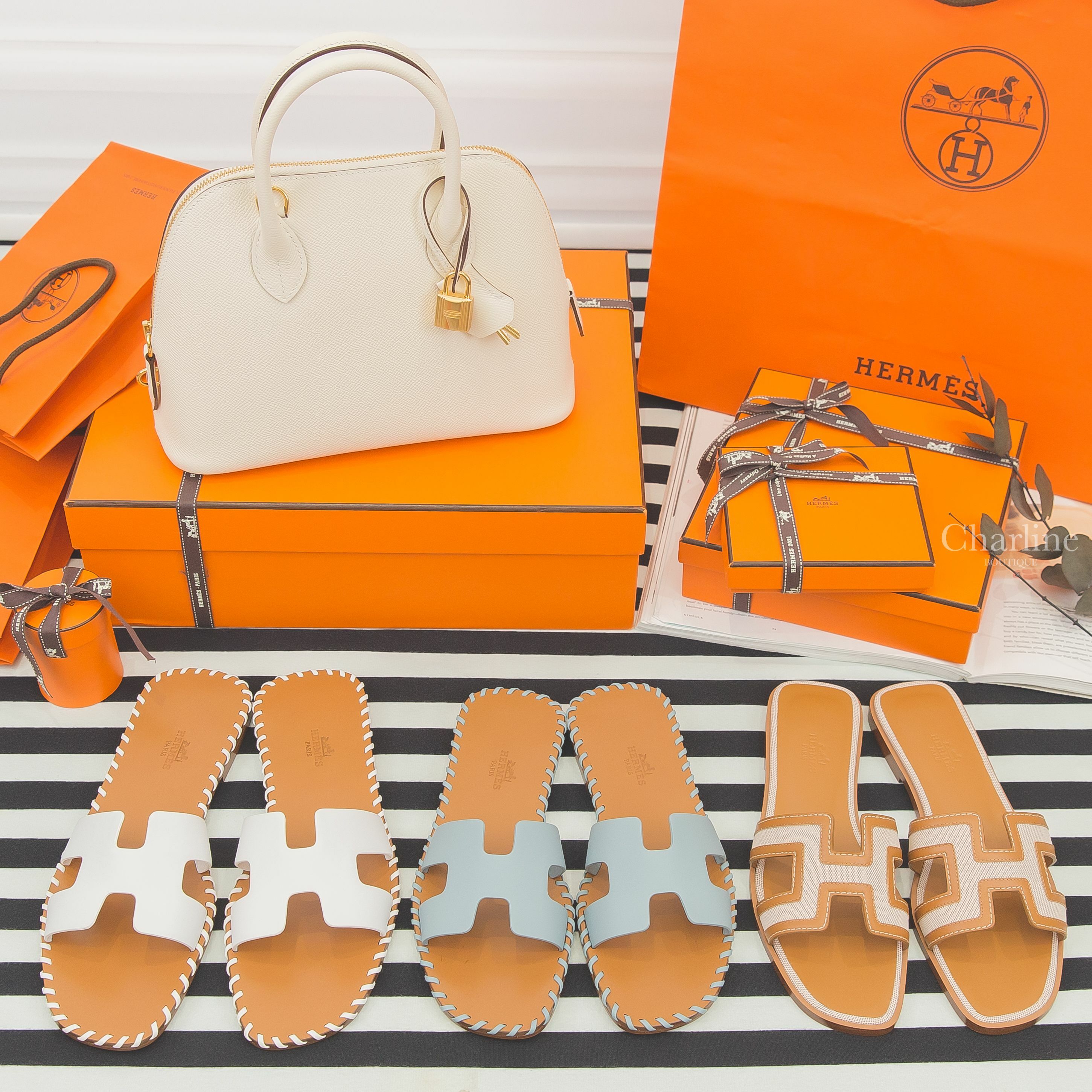 Hermès Sandals 白色牛皮H編織滾邊拖鞋,Hermès Sandals 薄荷綠牛皮H編織滾邊拖鞋,Hermès Sandals 榛果色/米色H帆布拖鞋,Hermès Bolide 奶油白金釦-Charline Boutique 精品代購