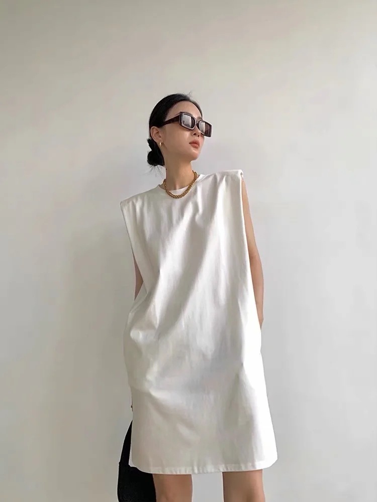 簡約墊肩 無袖棉質洋裝(黑/白/深灰)