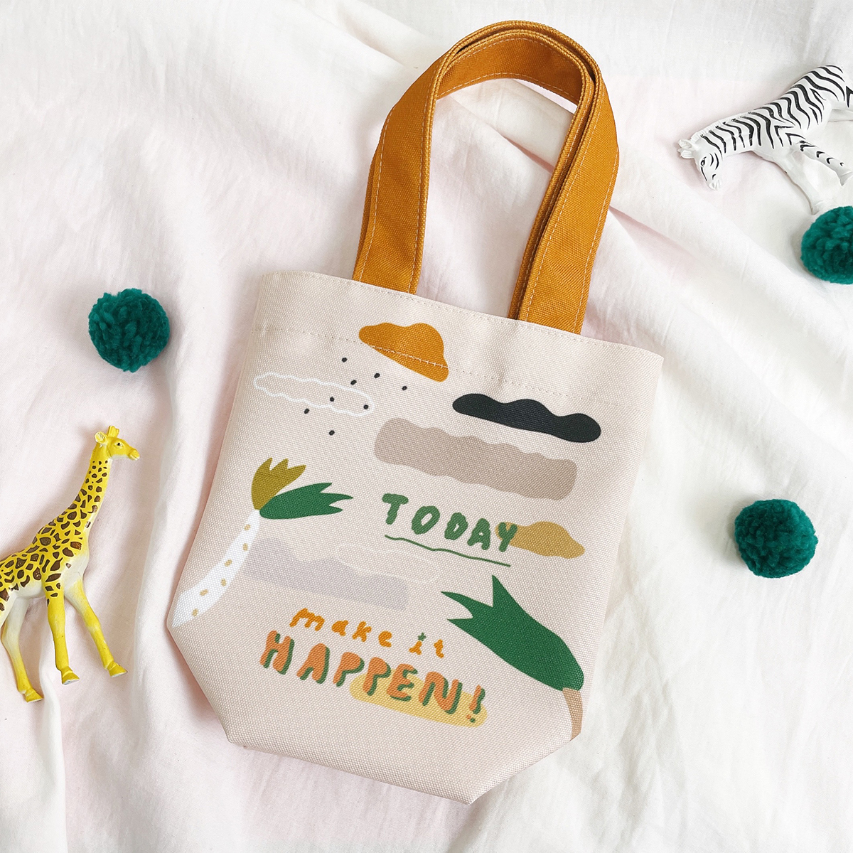 【慢慢挑x馬卡龍腳趾-雙花色防潑水提袋】 橘色 A.星期八（可裝冰霸杯）